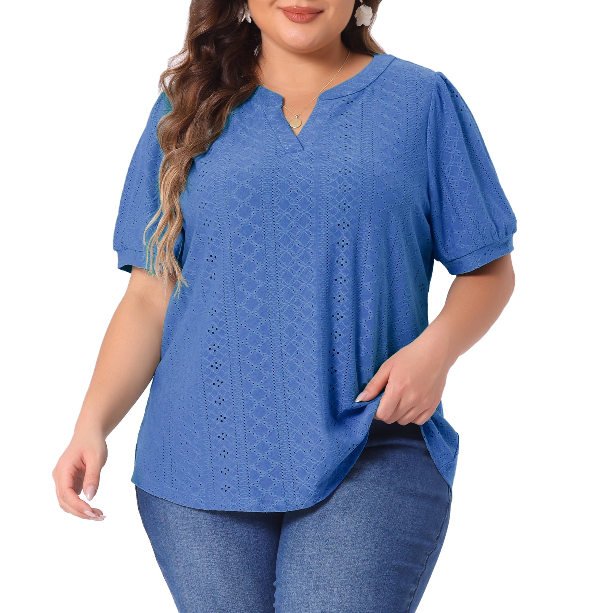 DARING DIVA Women's Plus Tops Hollow Casual V Neck  Summer Blouse Shirts 3X Royal Blue