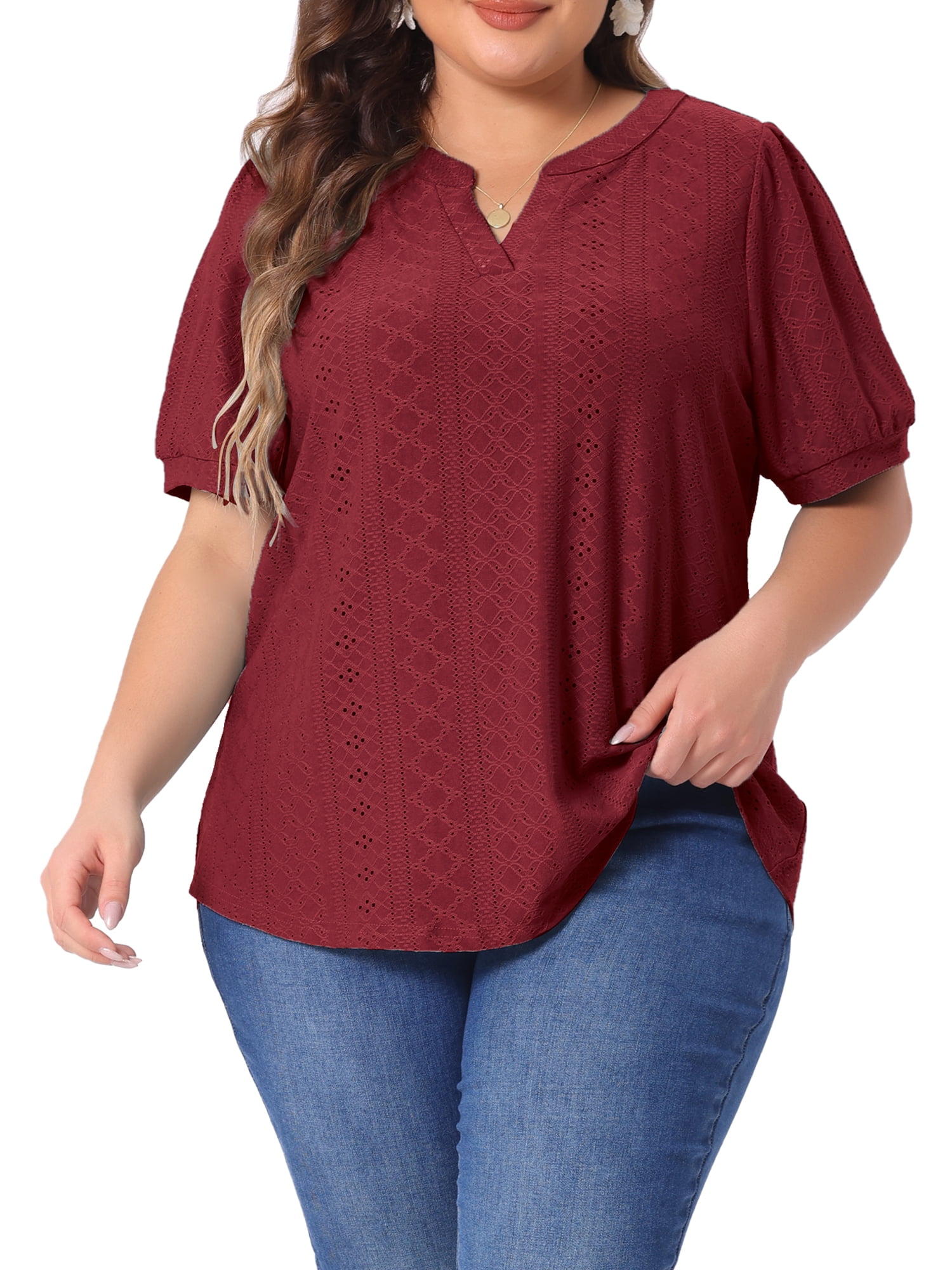 DARING DIVA Women's Plus Tops Hollow Casual V Neck  Summer Blouse Shirts 4X Burgundy