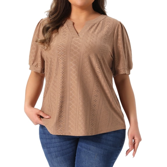 DARING DIVA Women's Plus Tops Hollow Casual V Neck Summer Blouse Shirts 4X Camel