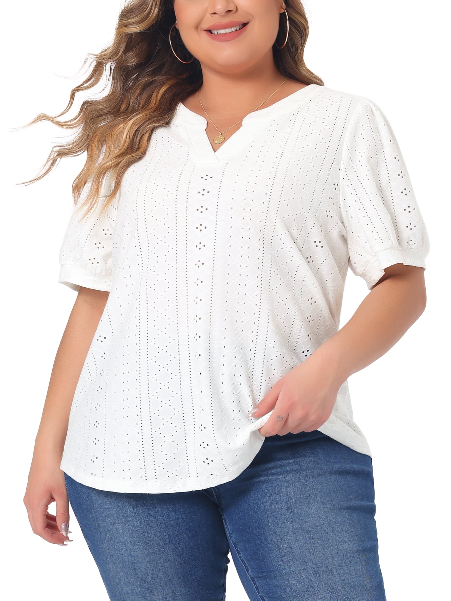 Women's Plus Tops Hollow Casual V Neck Short Sleeve Summer Blouse Shirts 4X White