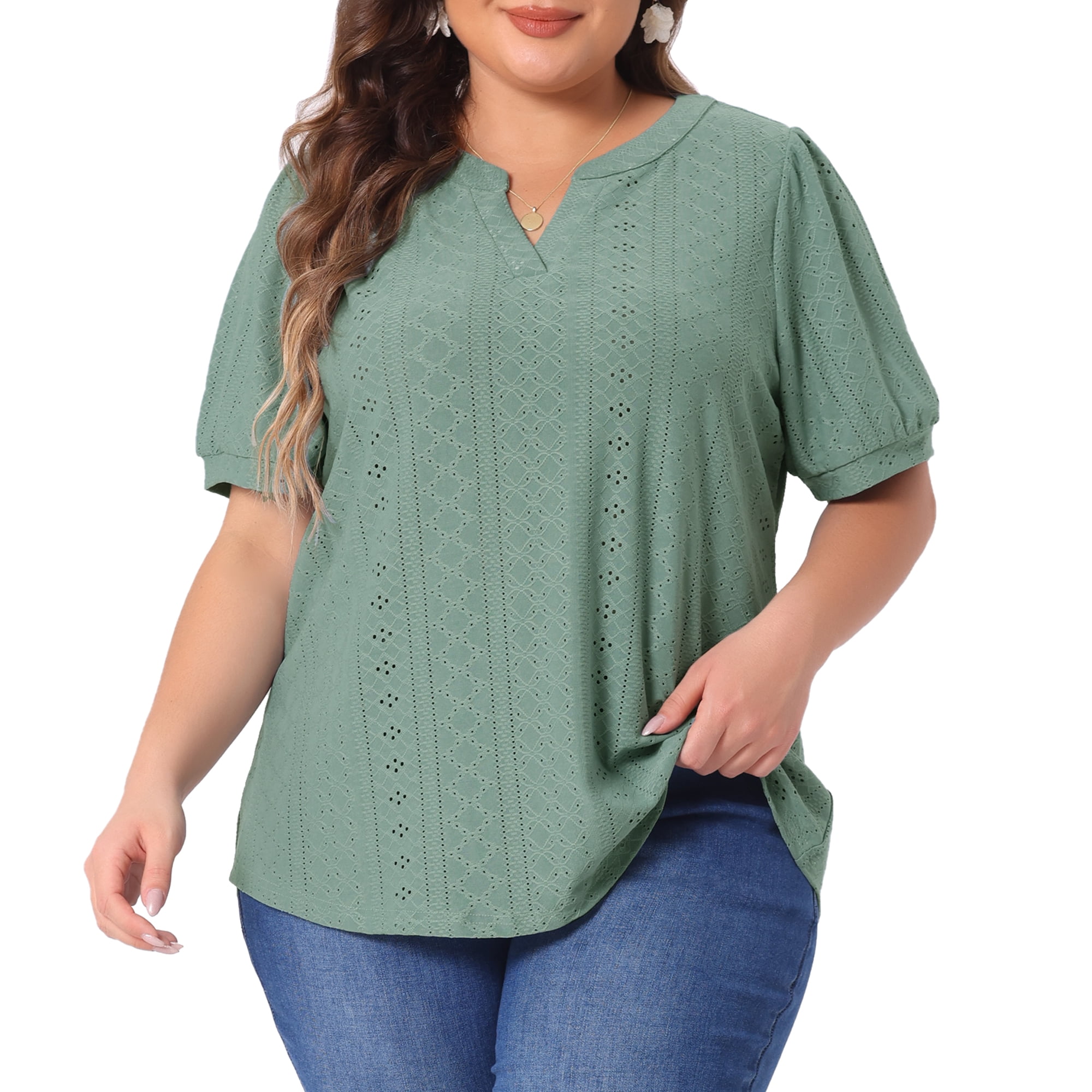 Women's Plus Tops Hollow Casual V Neck Short Sleeve Summer Blouse Shirts 5X Green