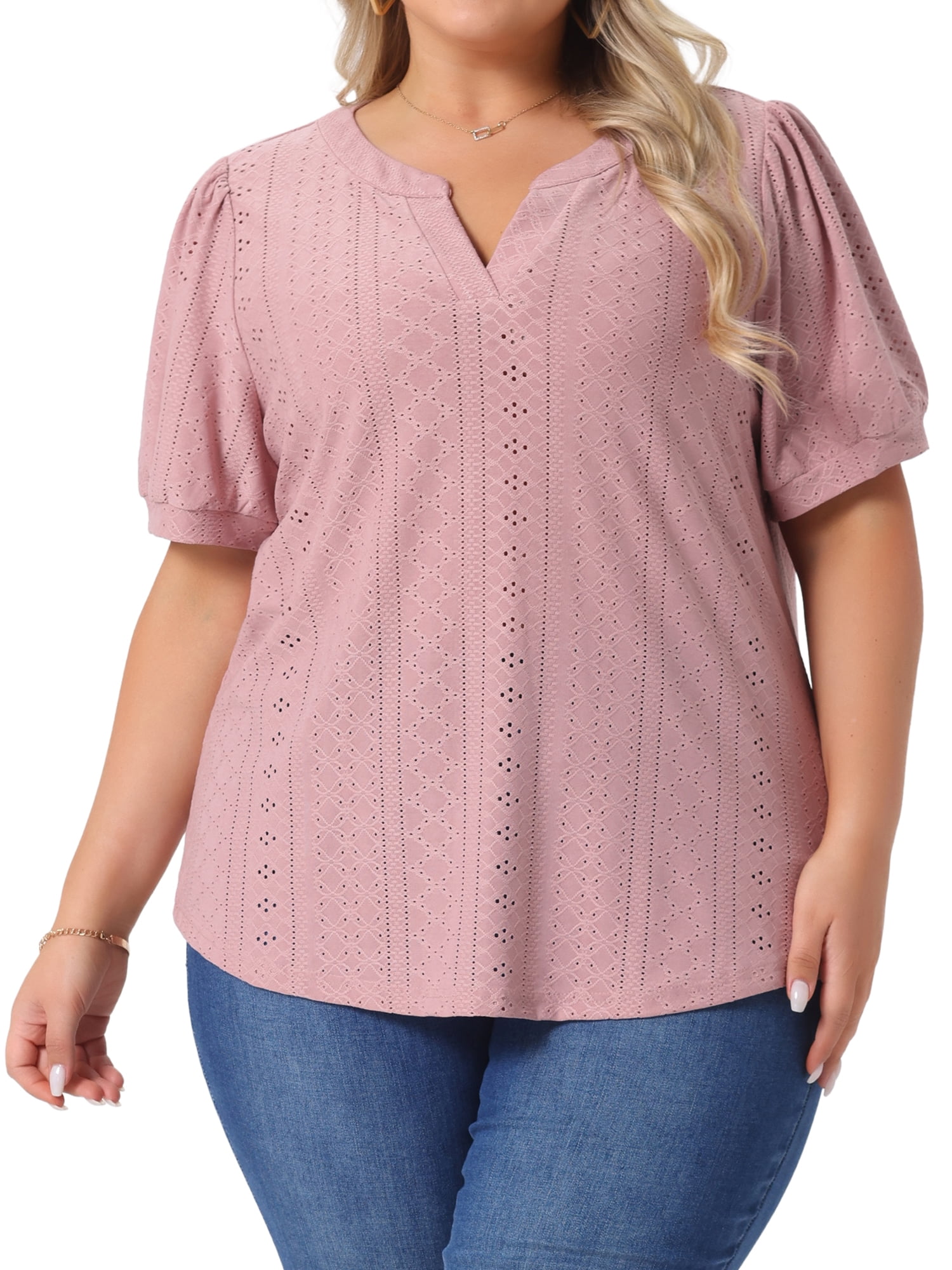 Women's Plus Tops Hollow Casual V Neck Short Sleeve Summer Blouse Shirts 5X Pink
