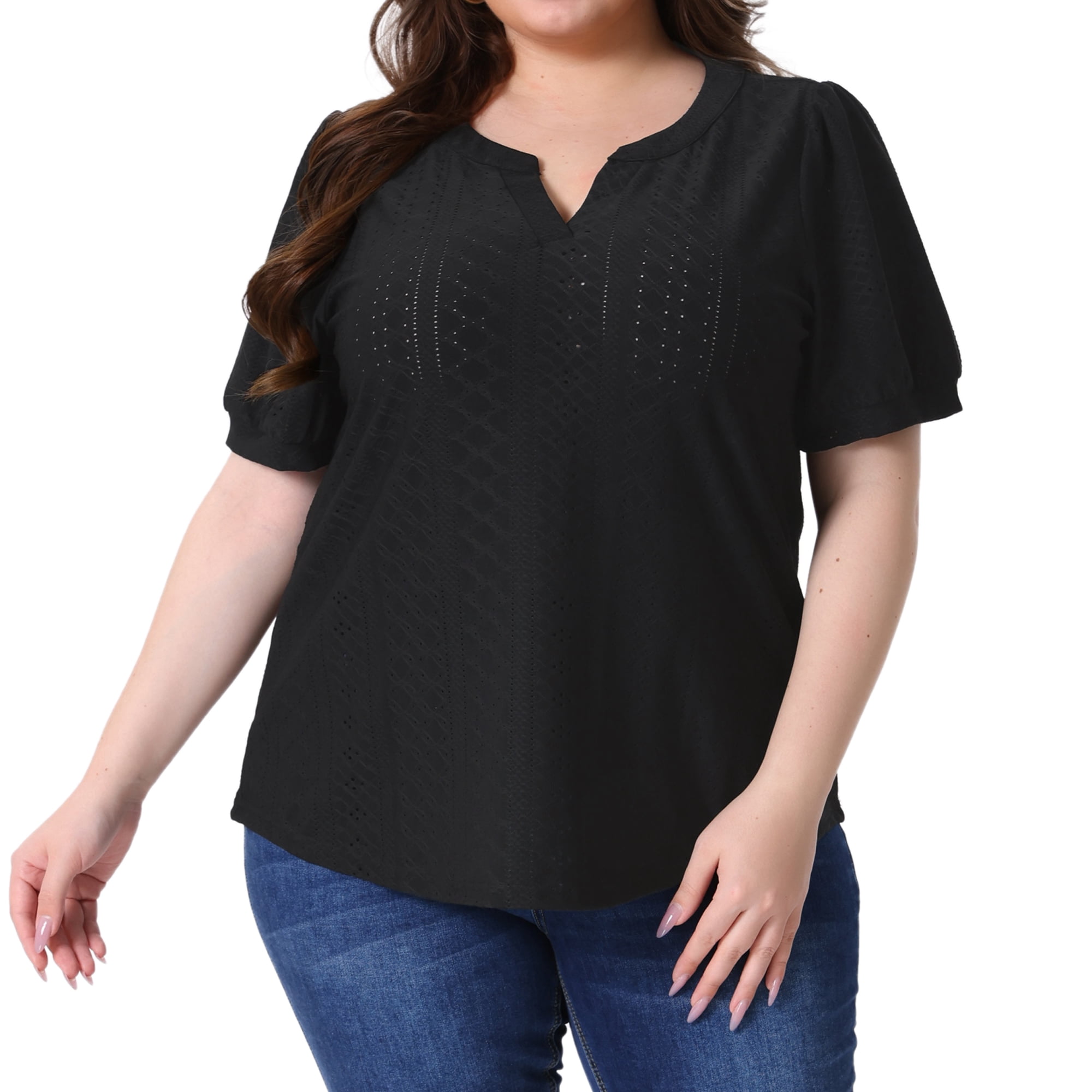DARING DIVA Women's Plus Tops Hollow Casual V Neck  Summer Blouse Shirts 6X Black
