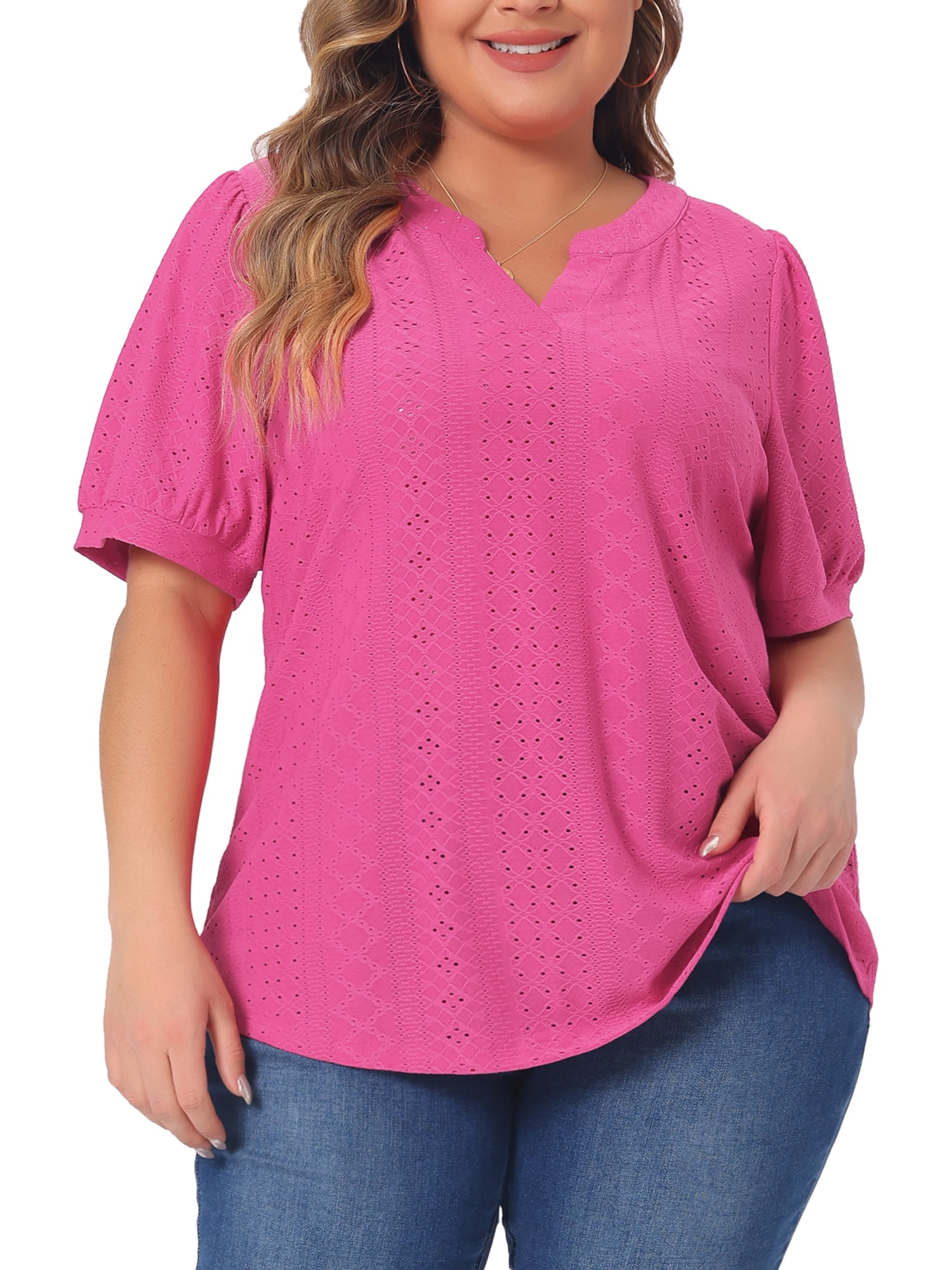 Women's Plus Tops Hollow Casual V Neck Short Sleeve Summer Blouse Shirts L Hot Pink