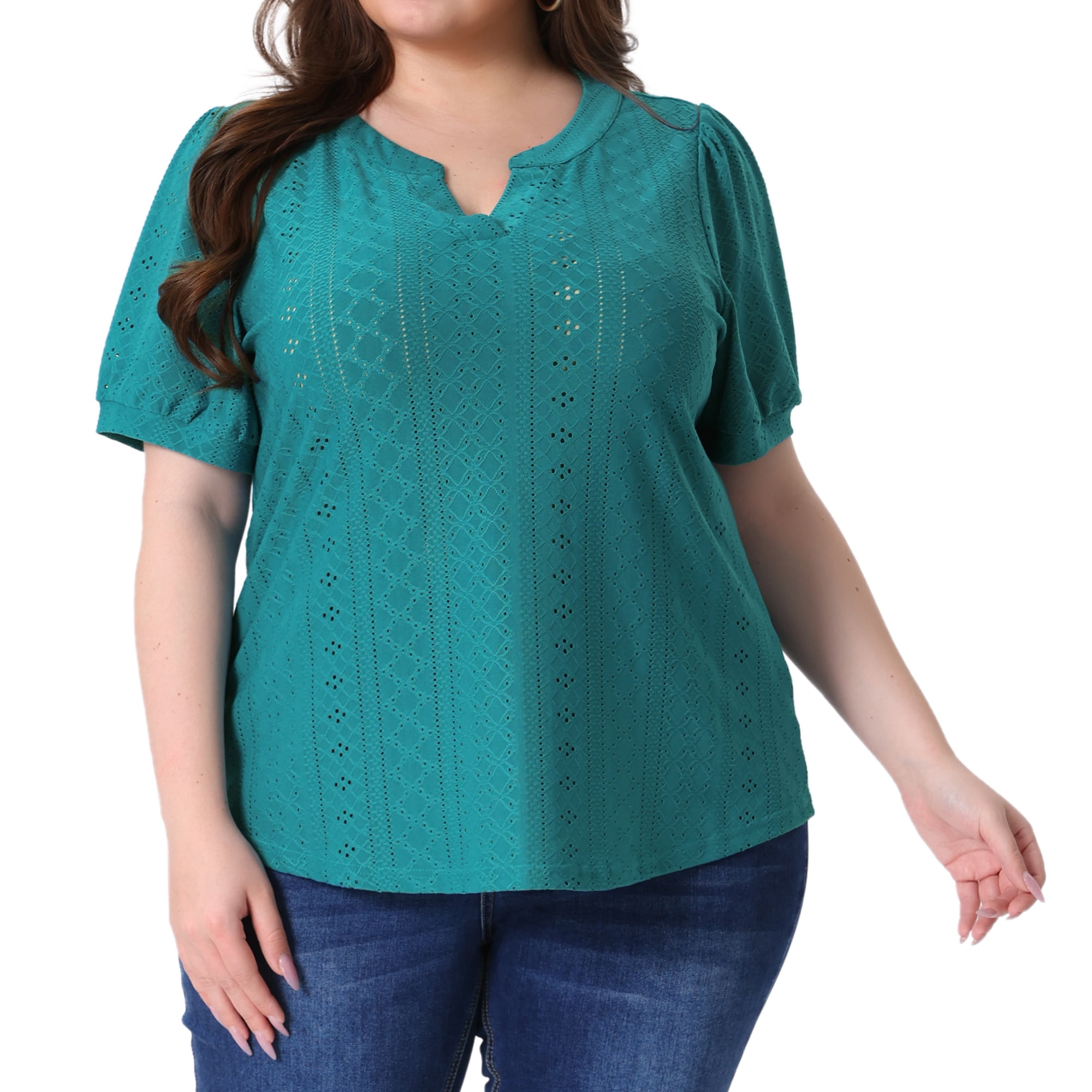DARING DIVA Women's Plus Tops Hollow Casual V Neck  Summer Blouse Shirts L Turquoise