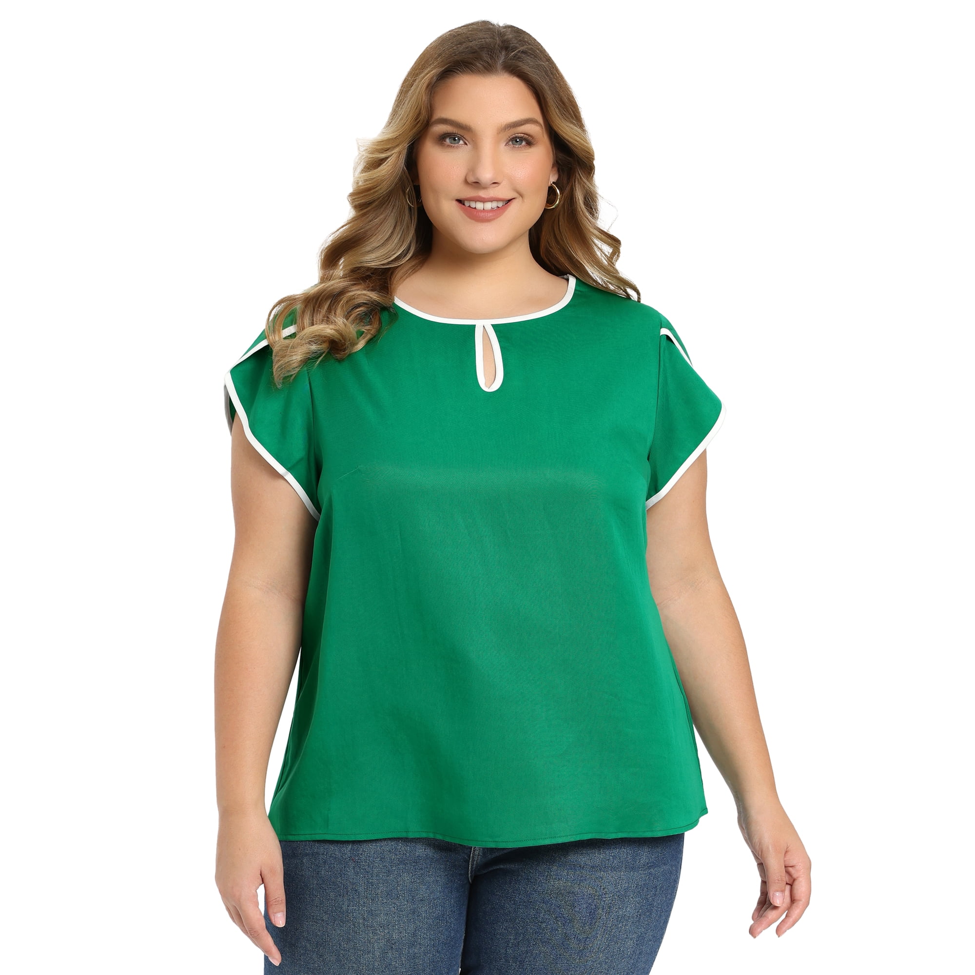 DARING DIVA Women's Plus Tops Keyhole Crew Neck Tulip Blouses 3X Green