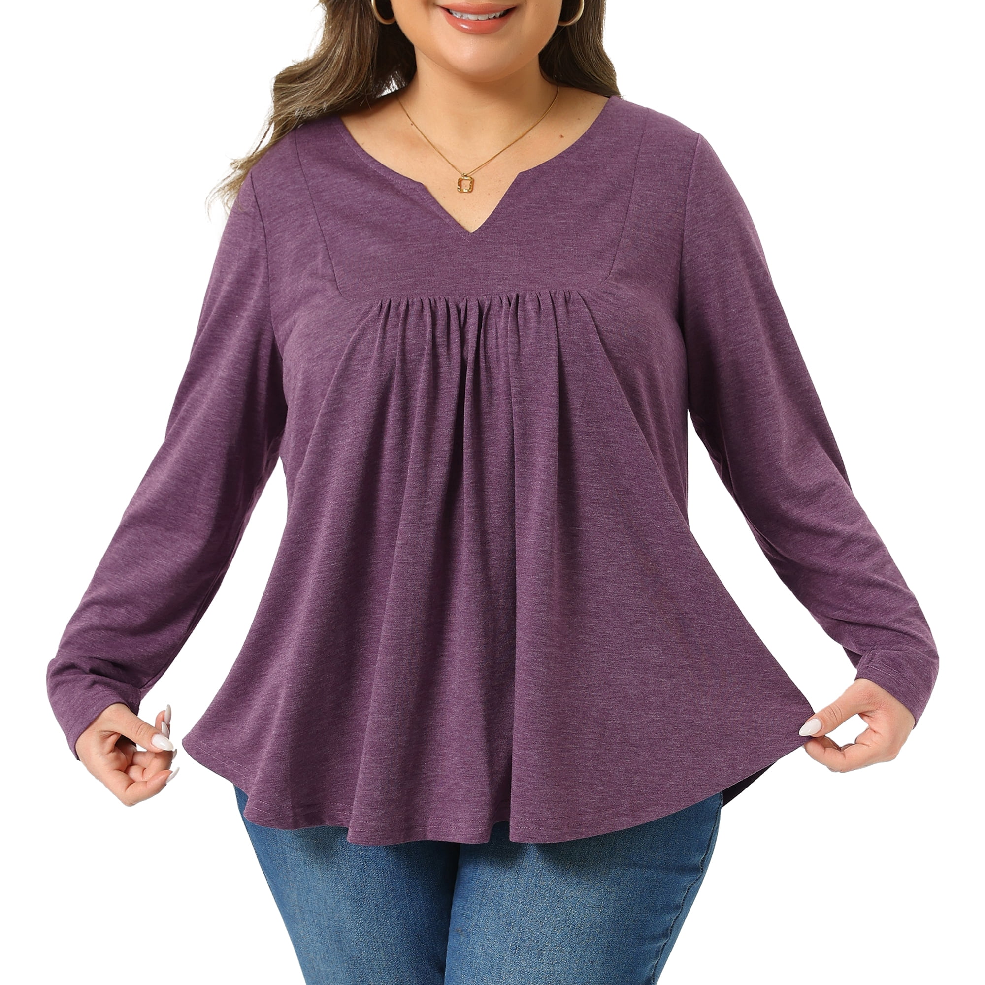 DARING DIVA Women's Plus Tops Notched Neck Front Pleated T-Shirt Blouses 4X Purple