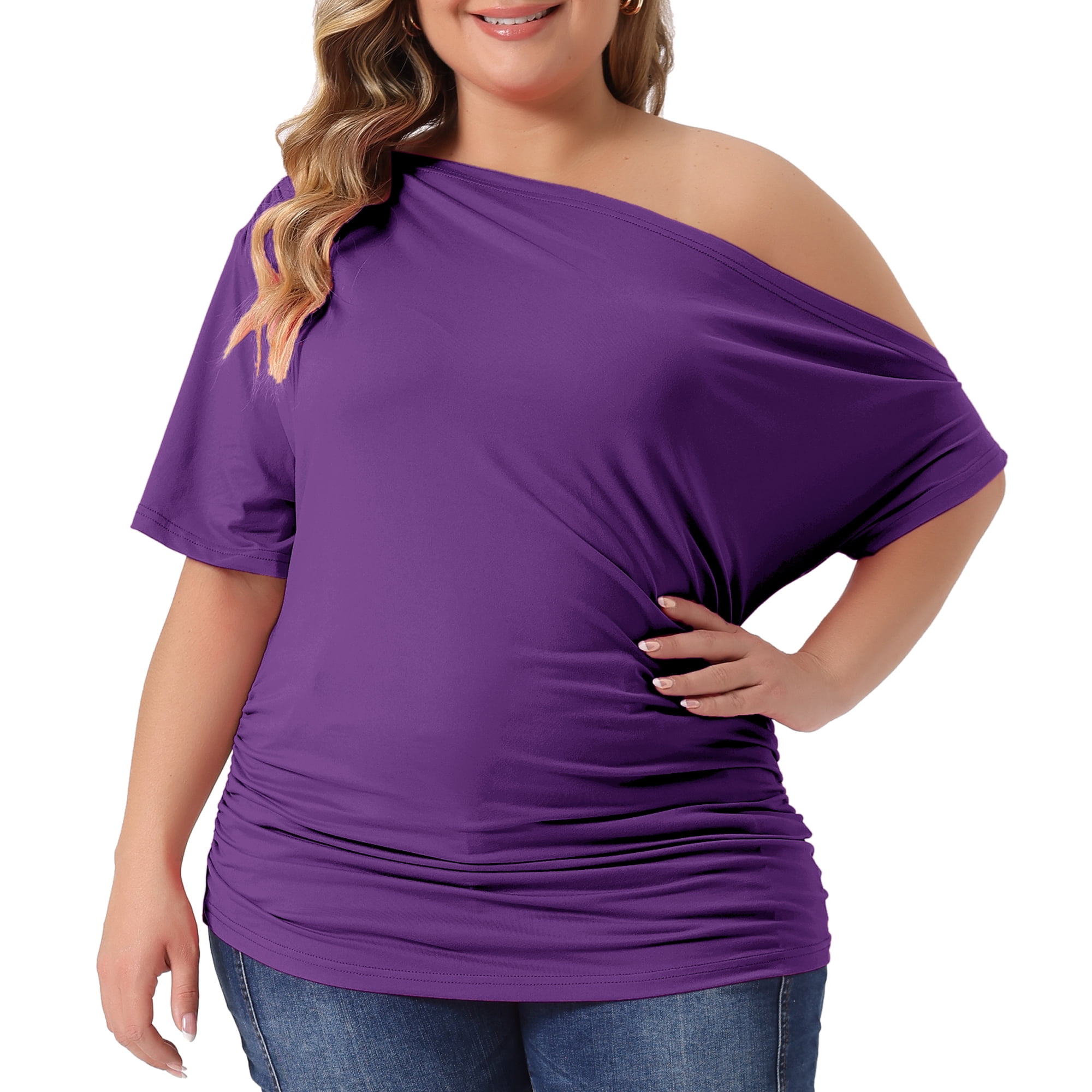 Women's Plus Tops One Shoulder Short Sleeve Ruched Basic Blouses Summer Tee Tops 2X Dark Purple