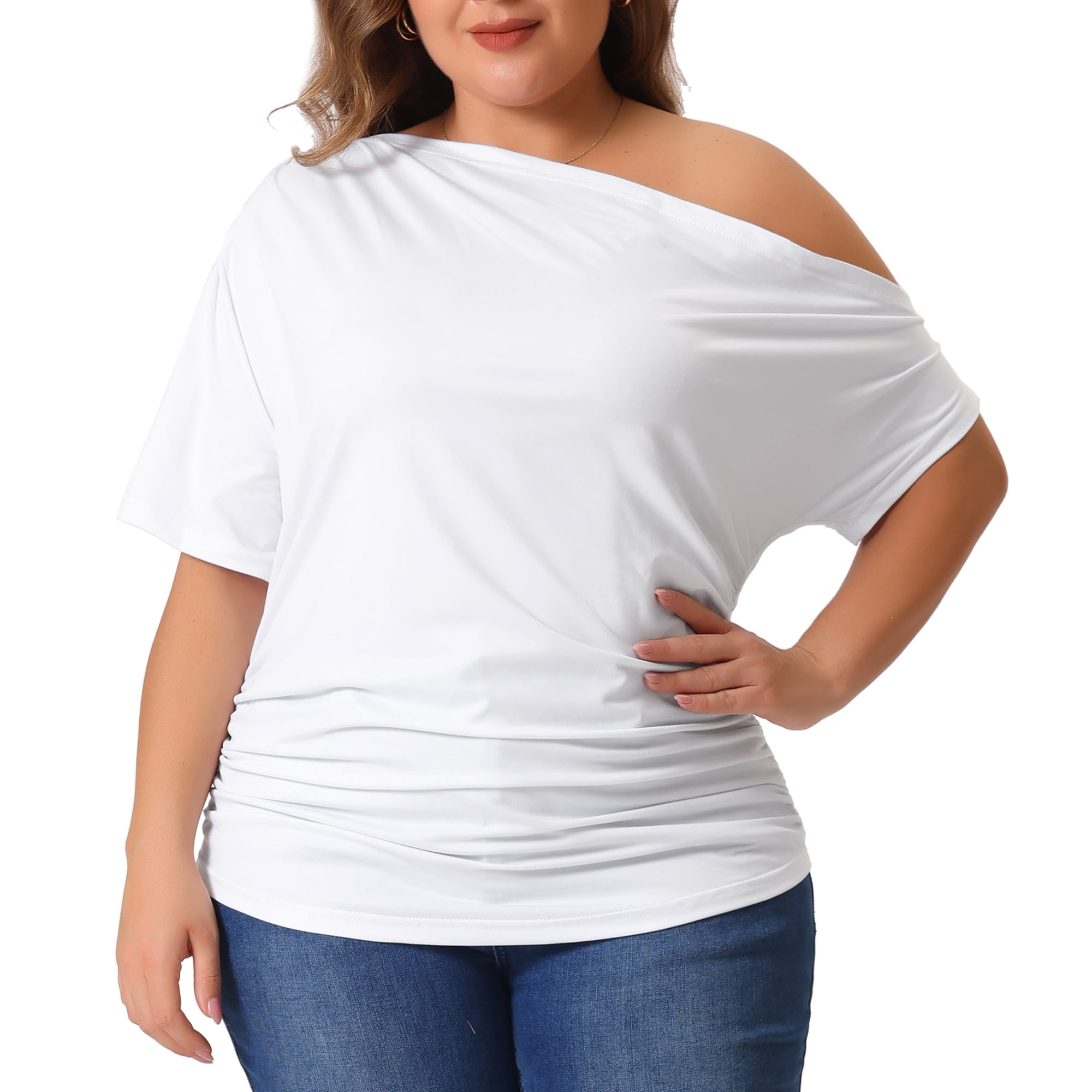 DARING DIVA Women's Plus Tops One Shoulder  Ruched Basic Blouses Summer Tee Tops 5X White