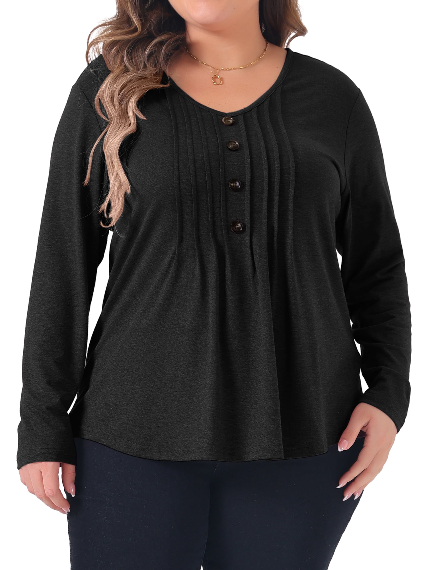 DARING DIVA Women's Plus Tops Pleated Front V Neck Button Blouses 1X Black