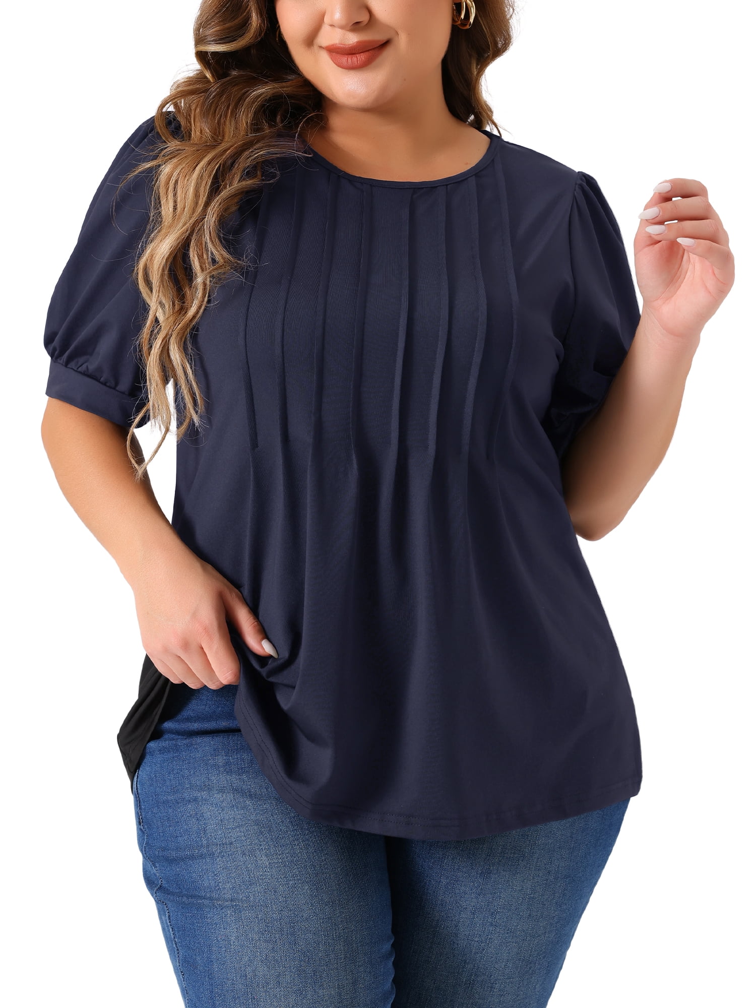 Women's Plus Top Puff Short Sleeve Tops Crew Neck Pleated Shirts Tunic Blouses 2X Navy Blue