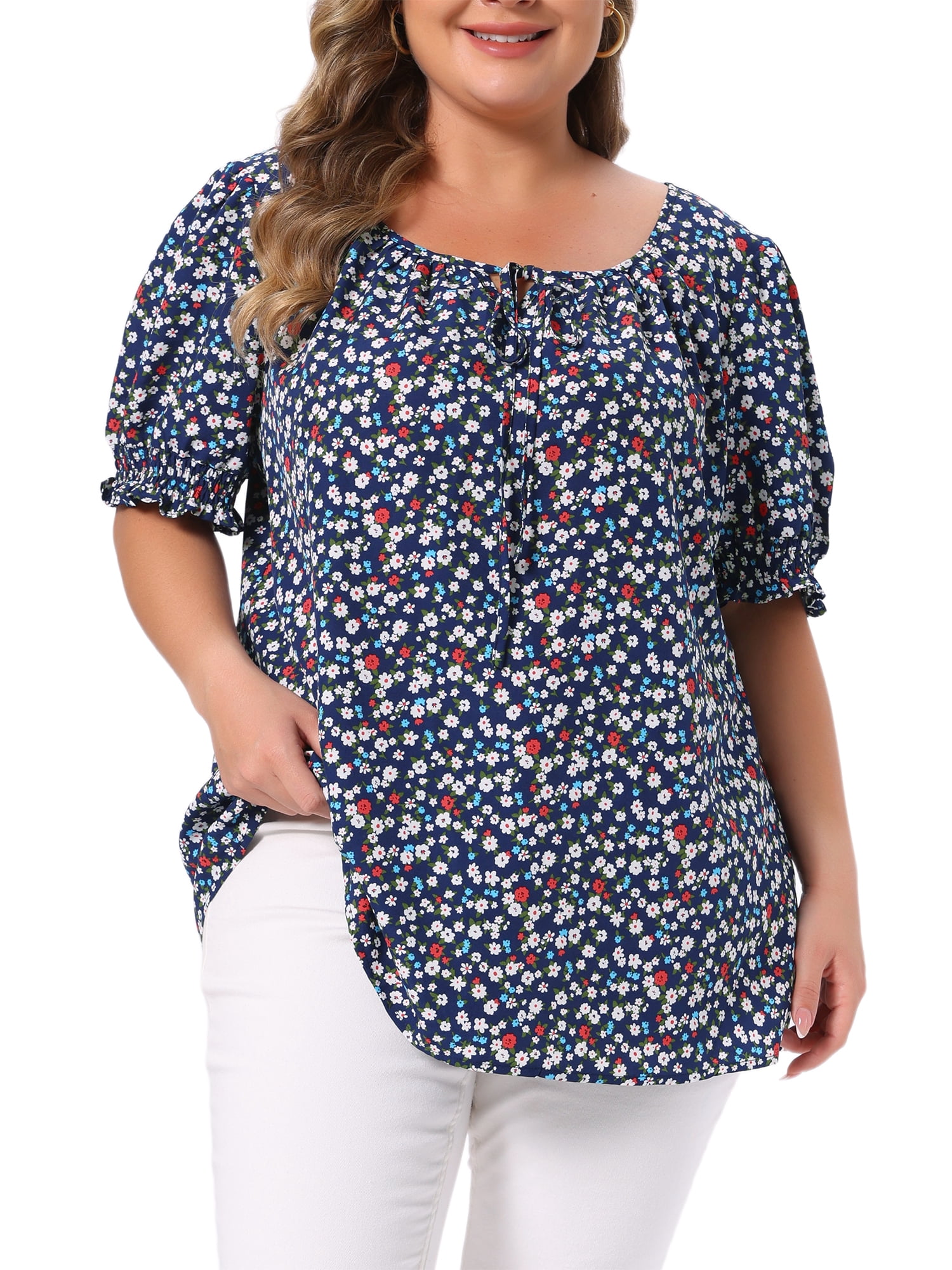 DARING DIVA Women's Plus Tops Scoop Neck Notch V Tie Front  Floral Summer Blouses 4X Blue