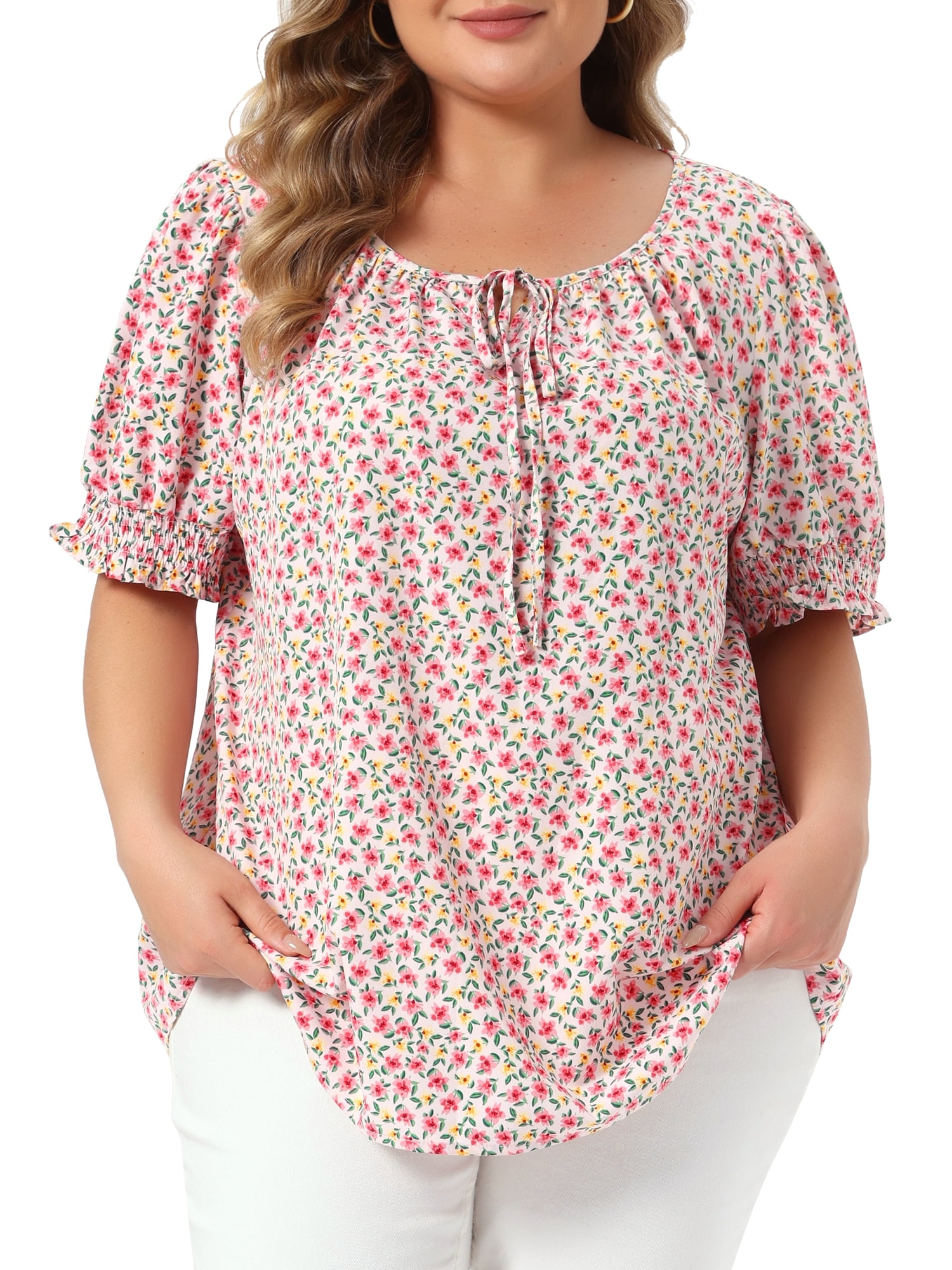 DARING DIVA Women's Plus Tops Scoop Neck Notch V Tie Front  Floral Summer Blouses 4X Pink