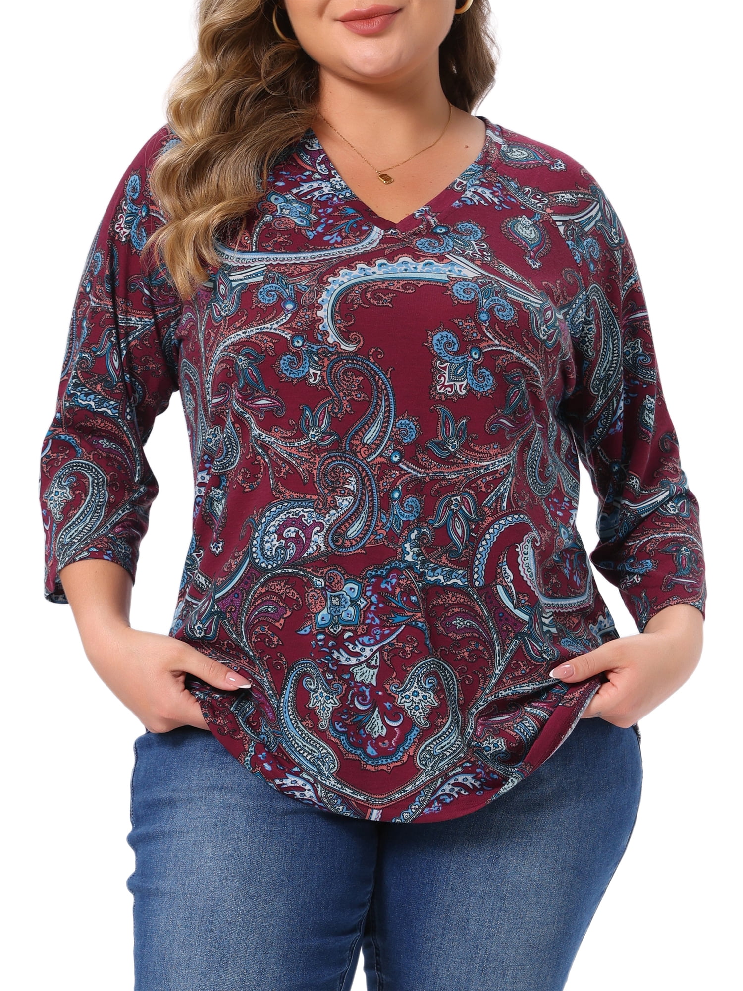 DARING DIVA Women's Plus Tops V Neck 3/4 Sleeve Knit Blouse Stripe Boho Tops 4X Burgundy