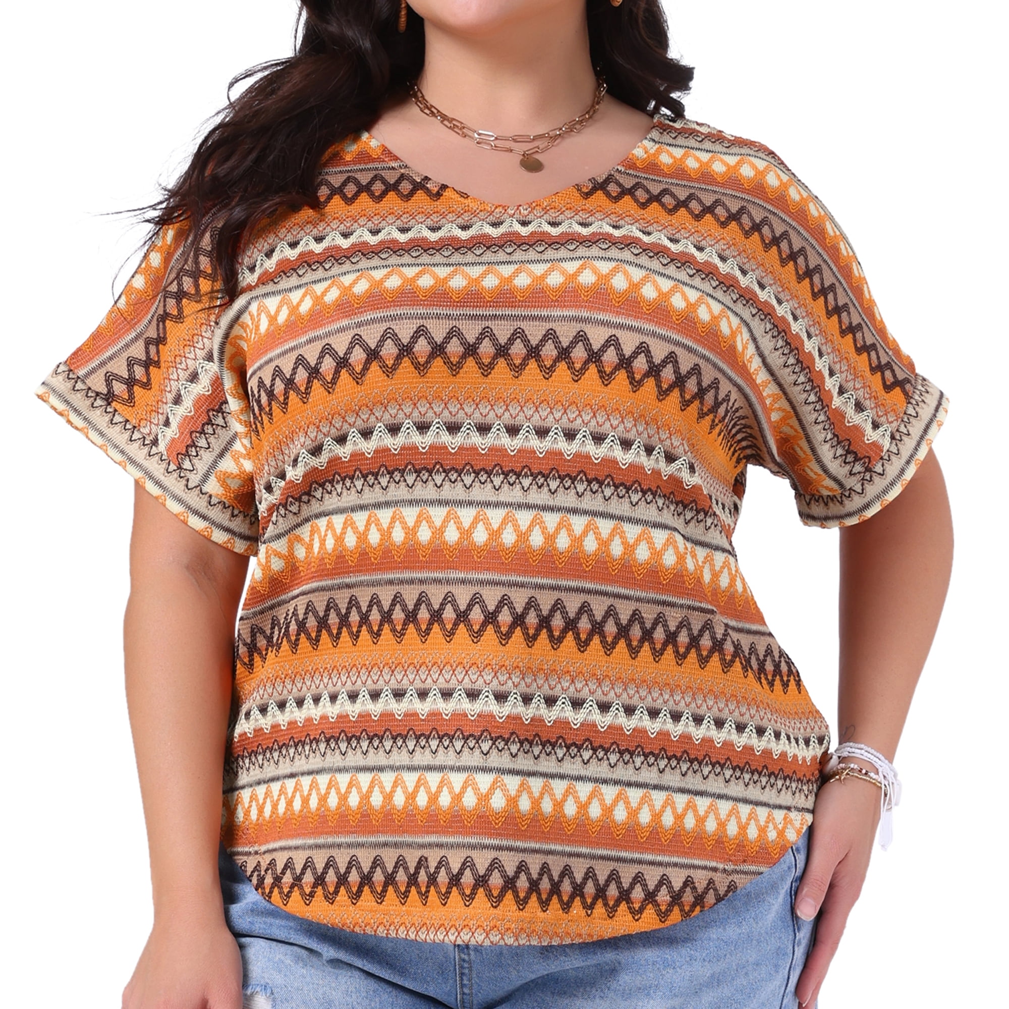 DARING DIVA Women's Plus Tops V Neck Batwing Sleeve Boho Blouses 1X Orange