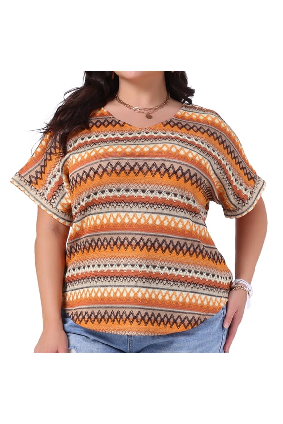 Women's Plus Tops V Neck Batwing Sleeve Boho Blouses 3X Orange