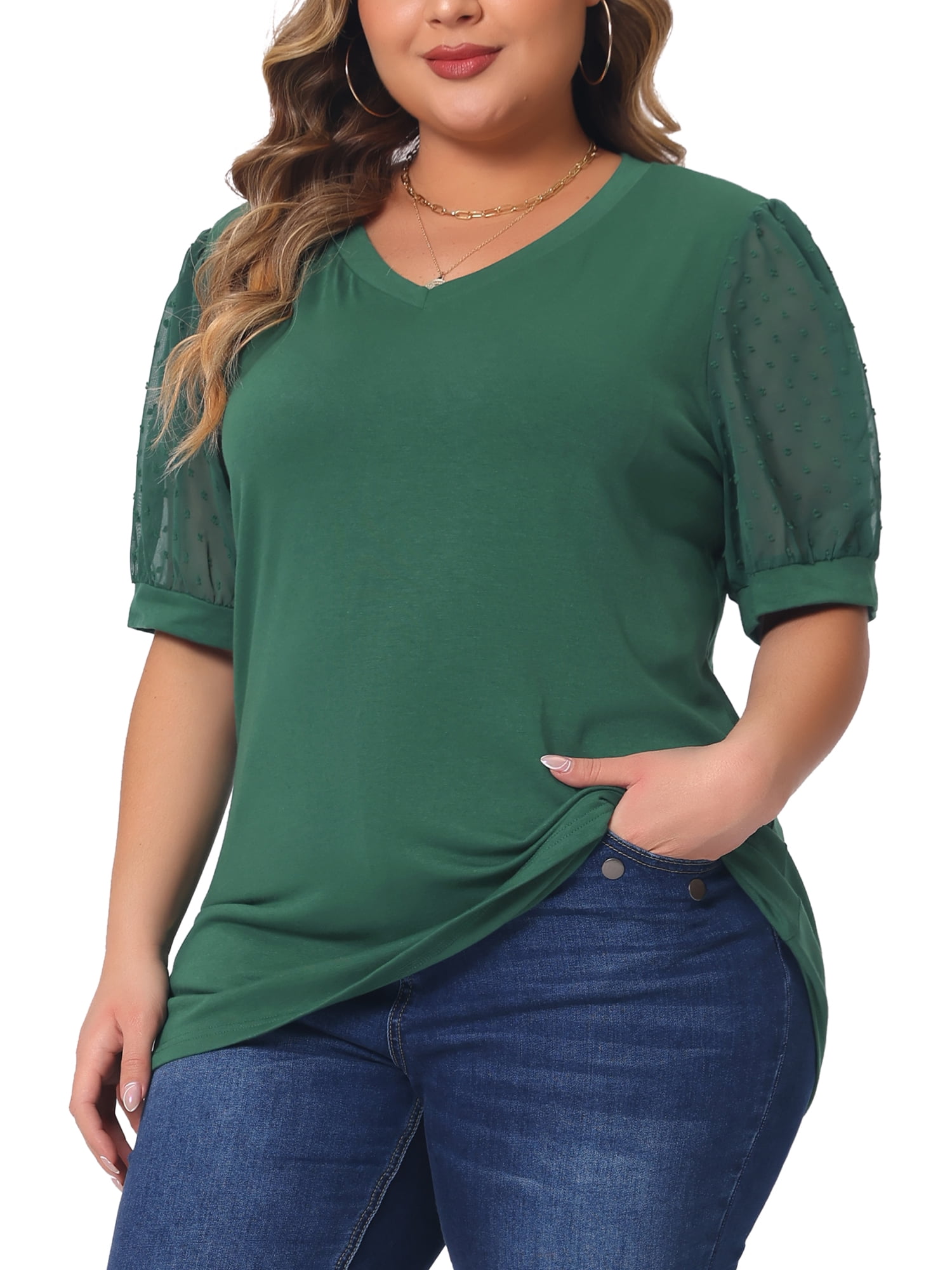 Women's Plus Tops V Neck Swiss Dots Puff Sleeve Casual Blouse Shirt 2X Green