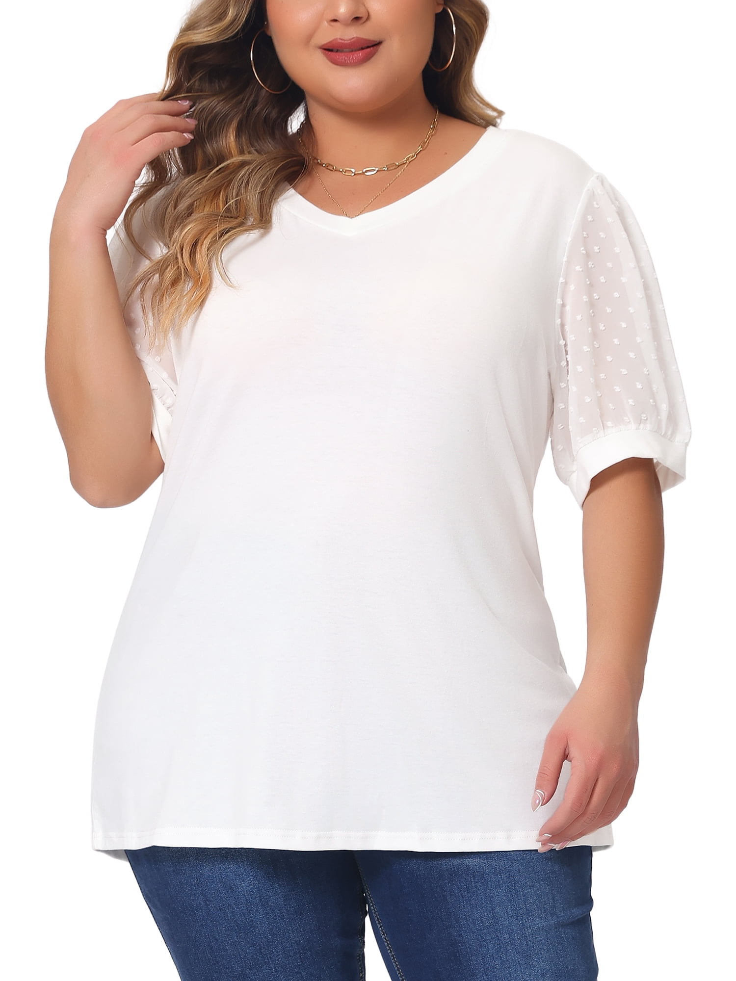 Women's Plus Tops V Neck Swiss Dots Puff Sleeve Casual Blouse Shirt 2X White