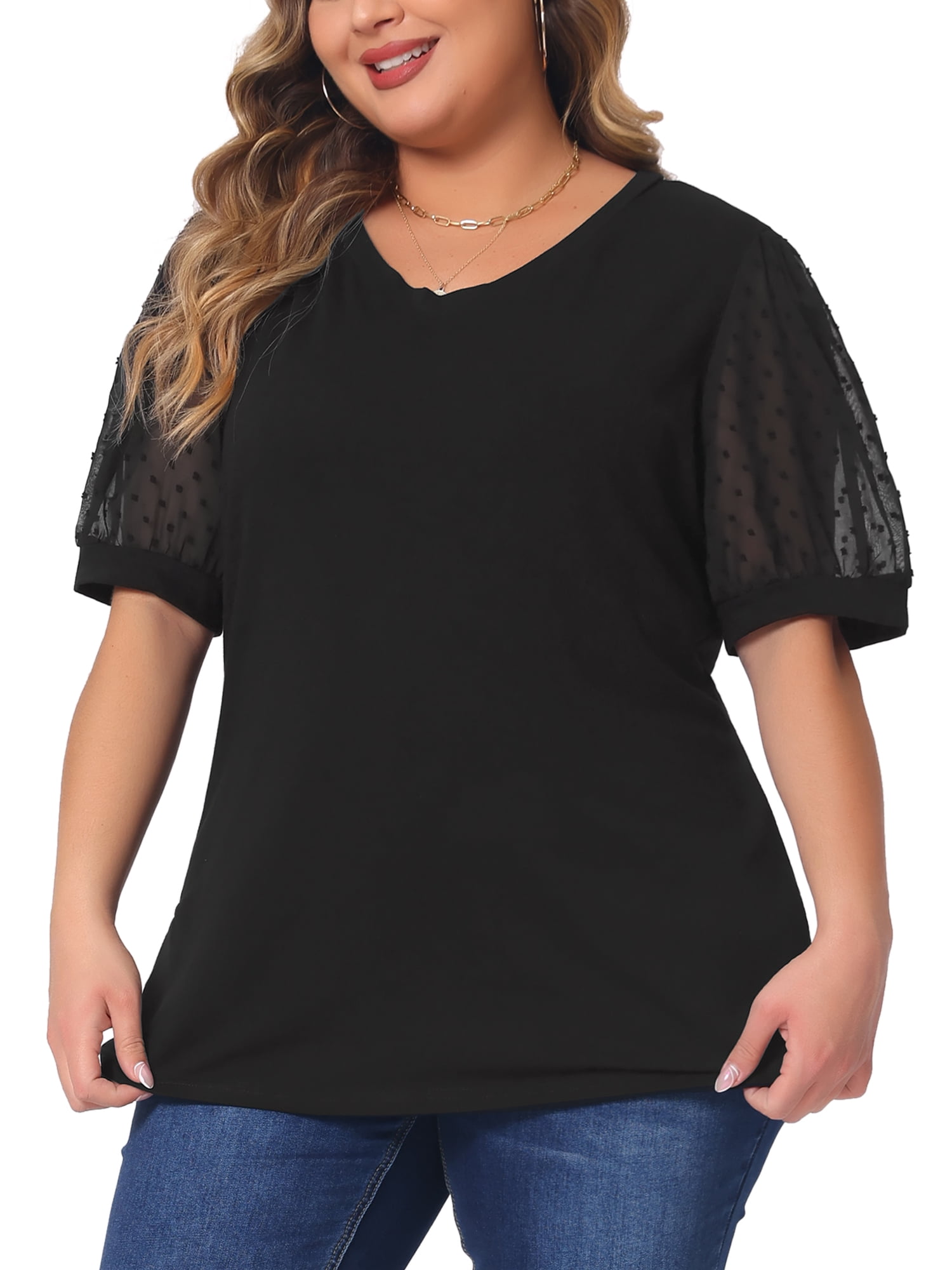 Women's Plus Tops V Neck Swiss Dots Puff Sleeve Casual Blouse Shirt 3X Black