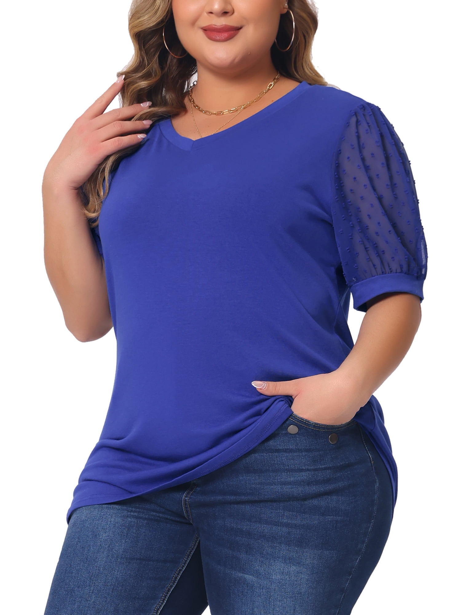 Women's Plus Tops V Neck Swiss Dots Puff Sleeve Casual Blouse Shirt 3X Blue