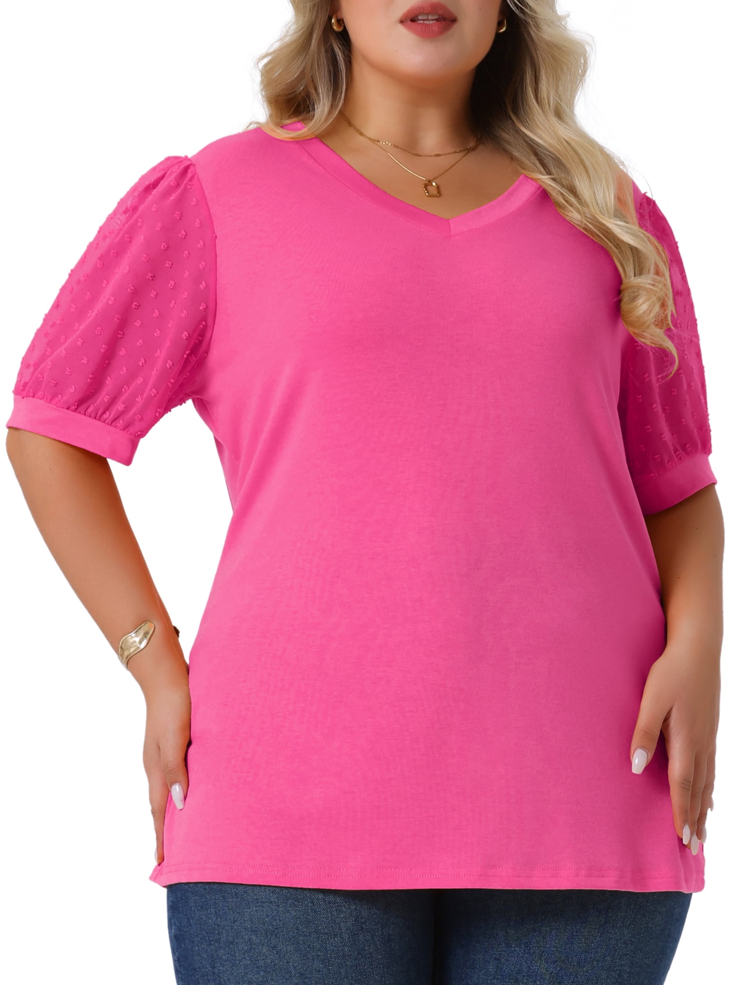 Women's Plus Tops V Neck Swiss Dots Puff Sleeve Casual Blouse Shirt 3X Hot Pink