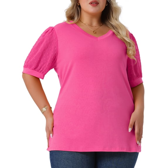 Women's Plus Tops V Neck Swiss Dots Puff Sleeve Casual Blouse Shirt 3X Hot Pink
