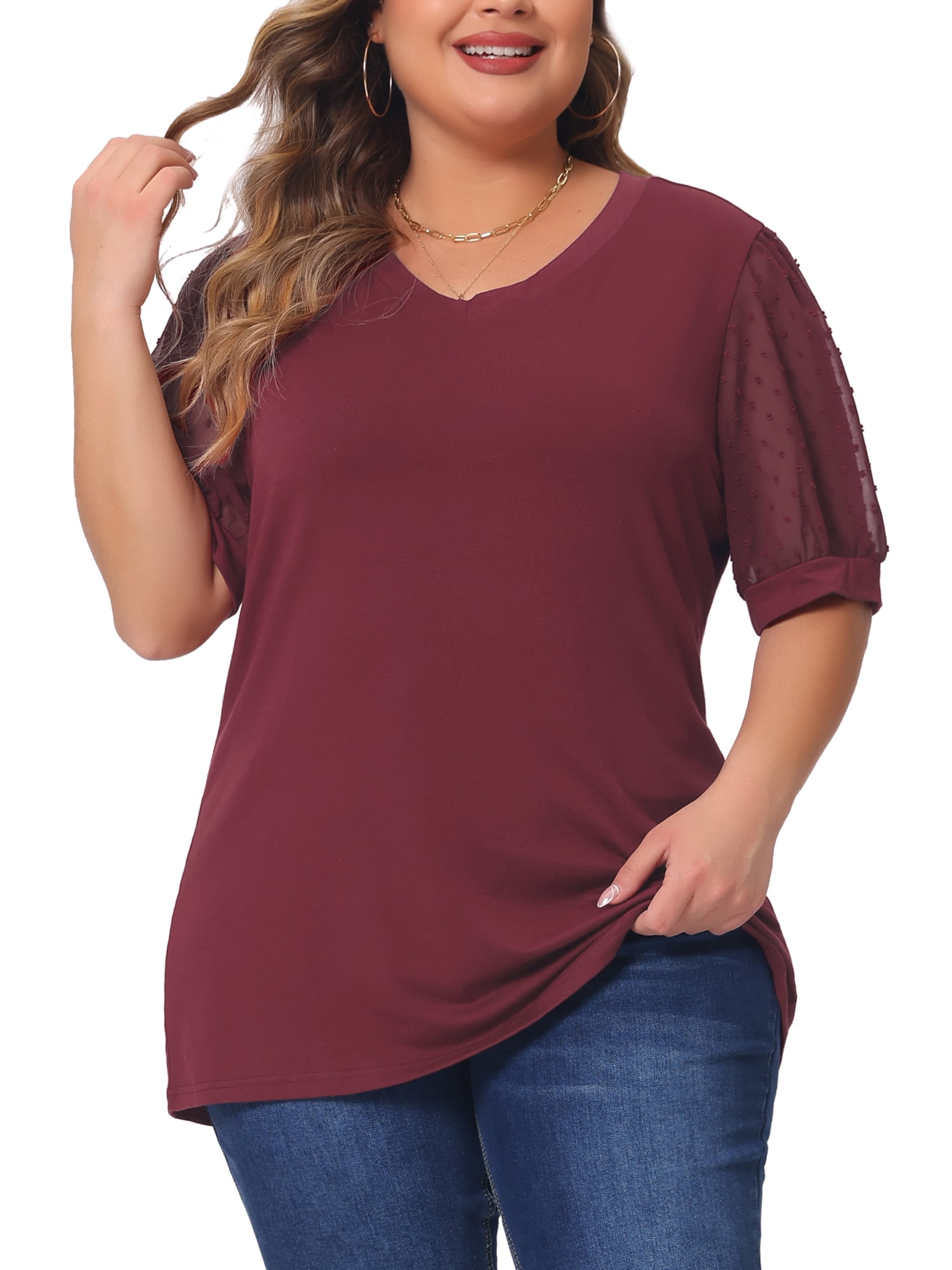 Women's Plus Tops V Neck Swiss Dots Puff Sleeve Casual Blouse Shirt 4X Red