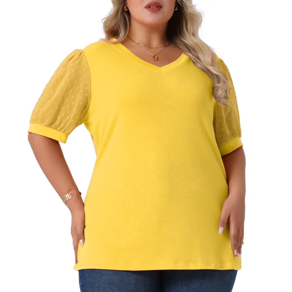 DARING DIVA Women's Plus Tops V Neck Puff Sleeve Blouse Shirt 4X Yellow