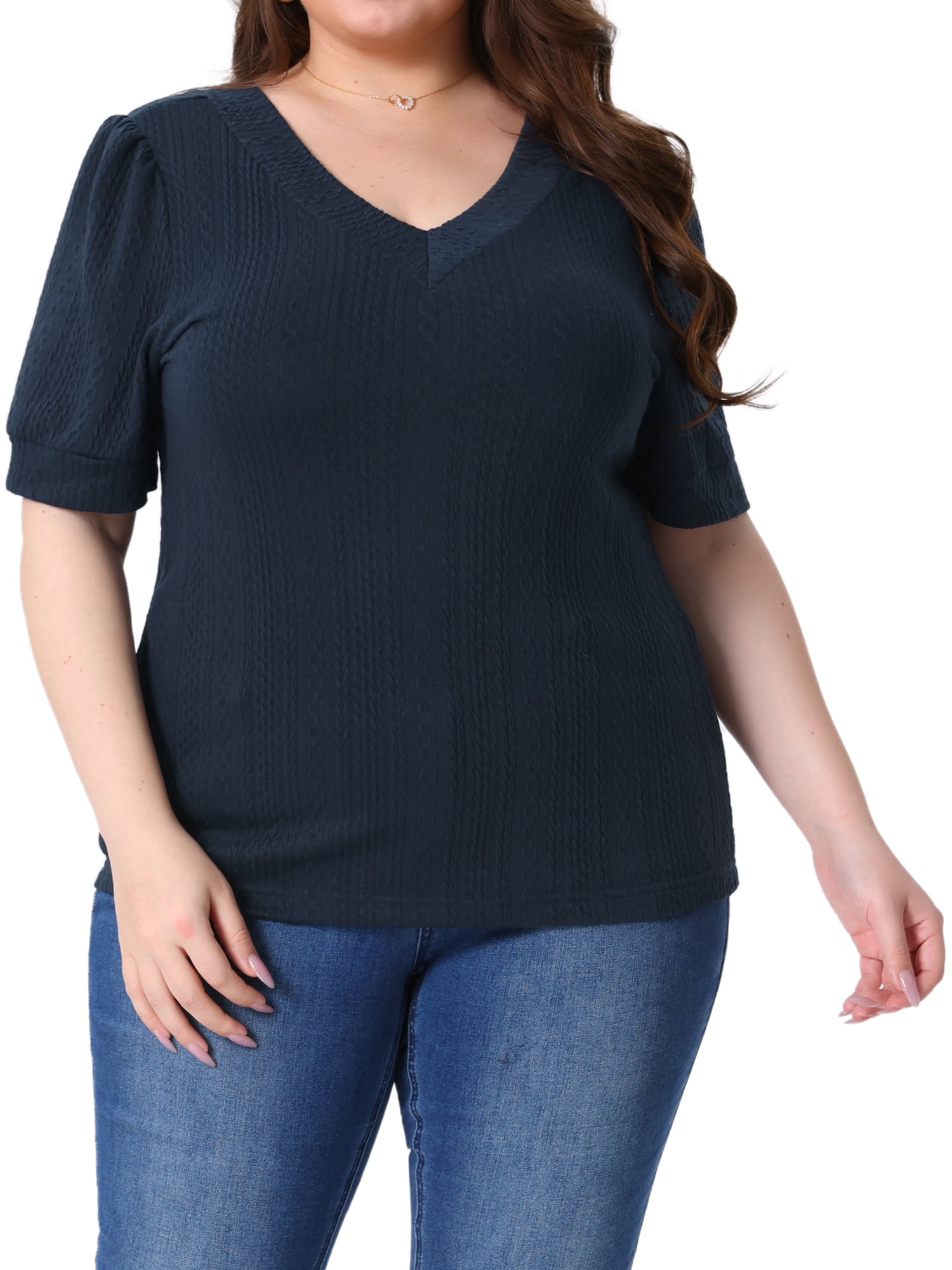 DARING DIVA Women's Plus Tops V Neck Pullover Knitted Casual Blouses 3X Navy Blue