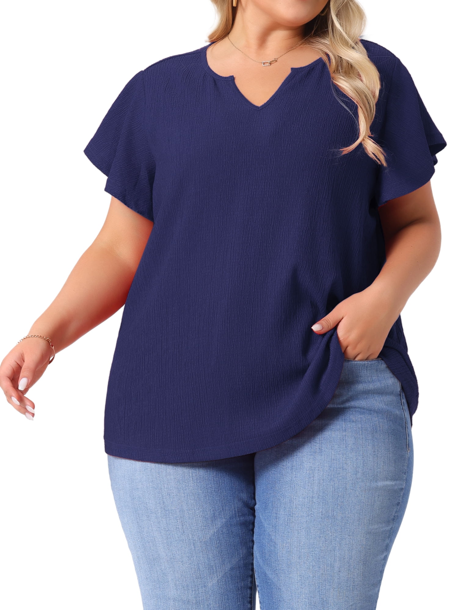 DARING DIVA Women's Plus Tops V Neck Ruffle T Shirt Blouses 2X Navy Blue