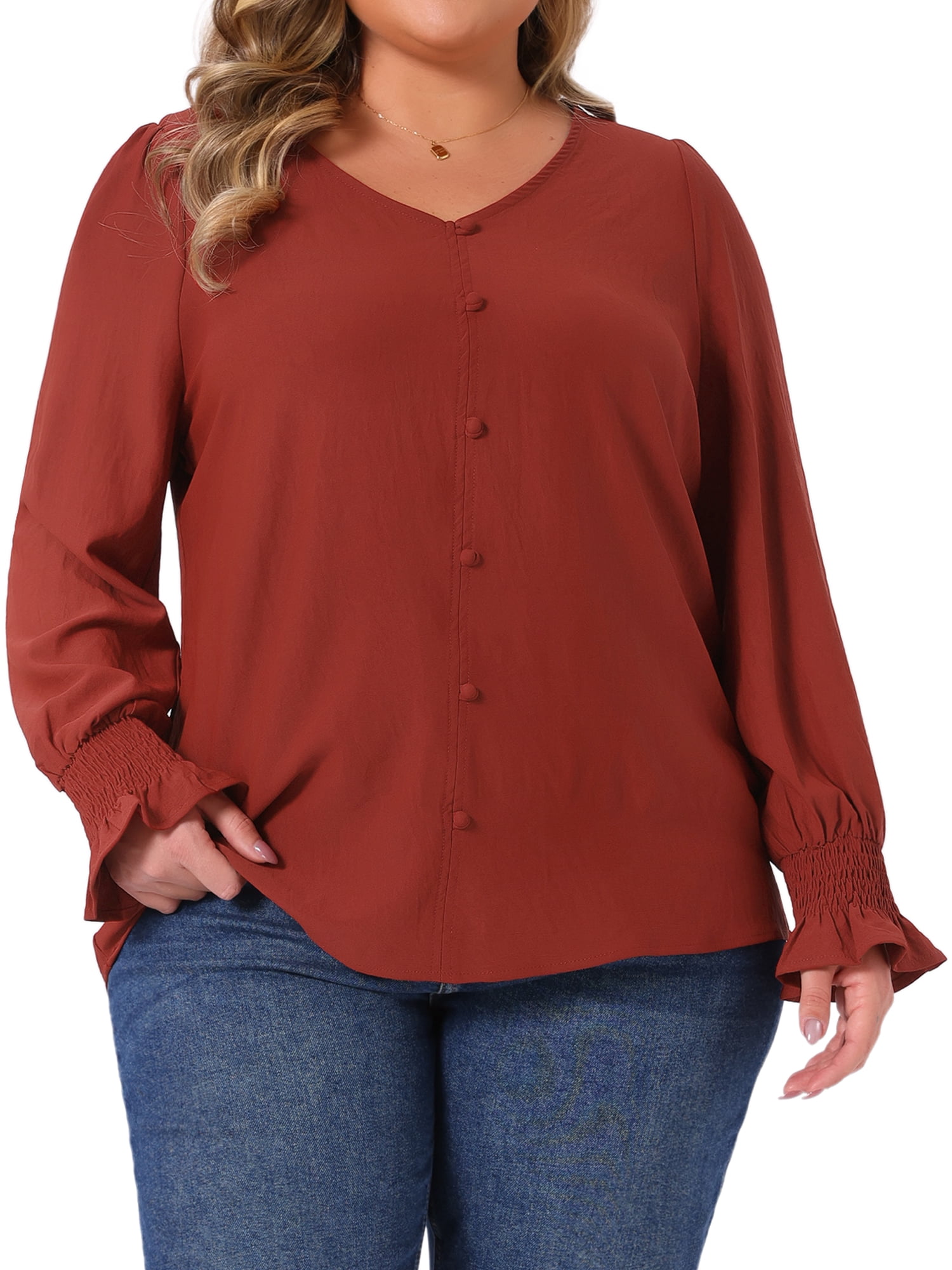 DARING DIVA Women's Plus Tops V Neck Smocked Casual Chiffon Blouse 1X Burgundy
