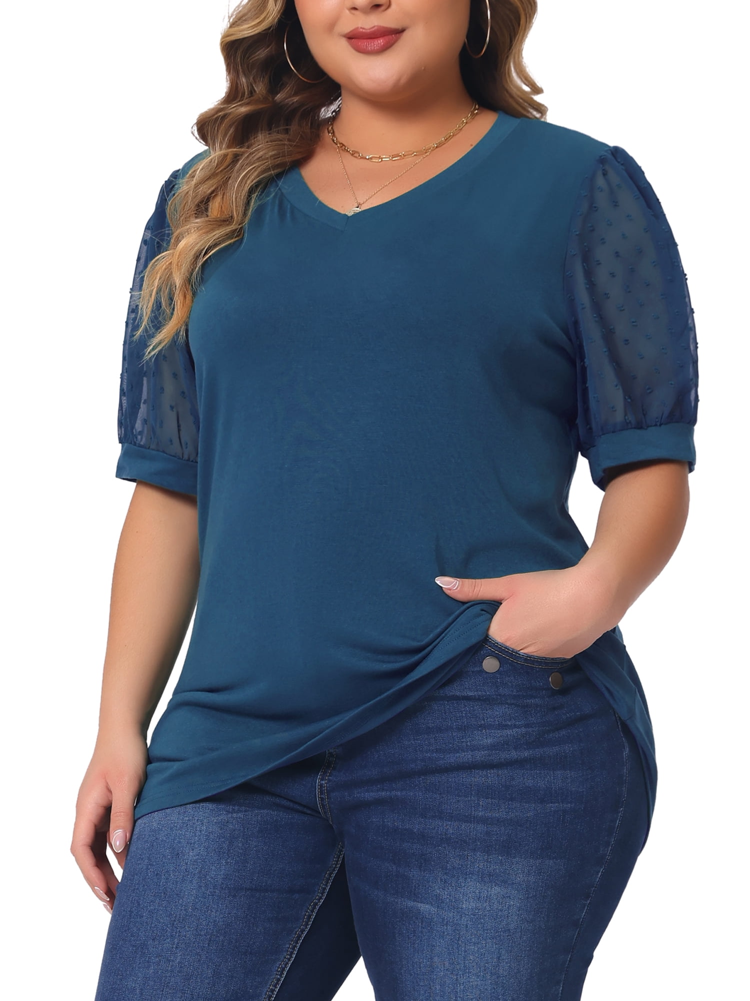 DARING DIVA Women's Plus Tops V Neck Swiss Dots Puff Sleeve Casual Blouse 3X Dark Blue