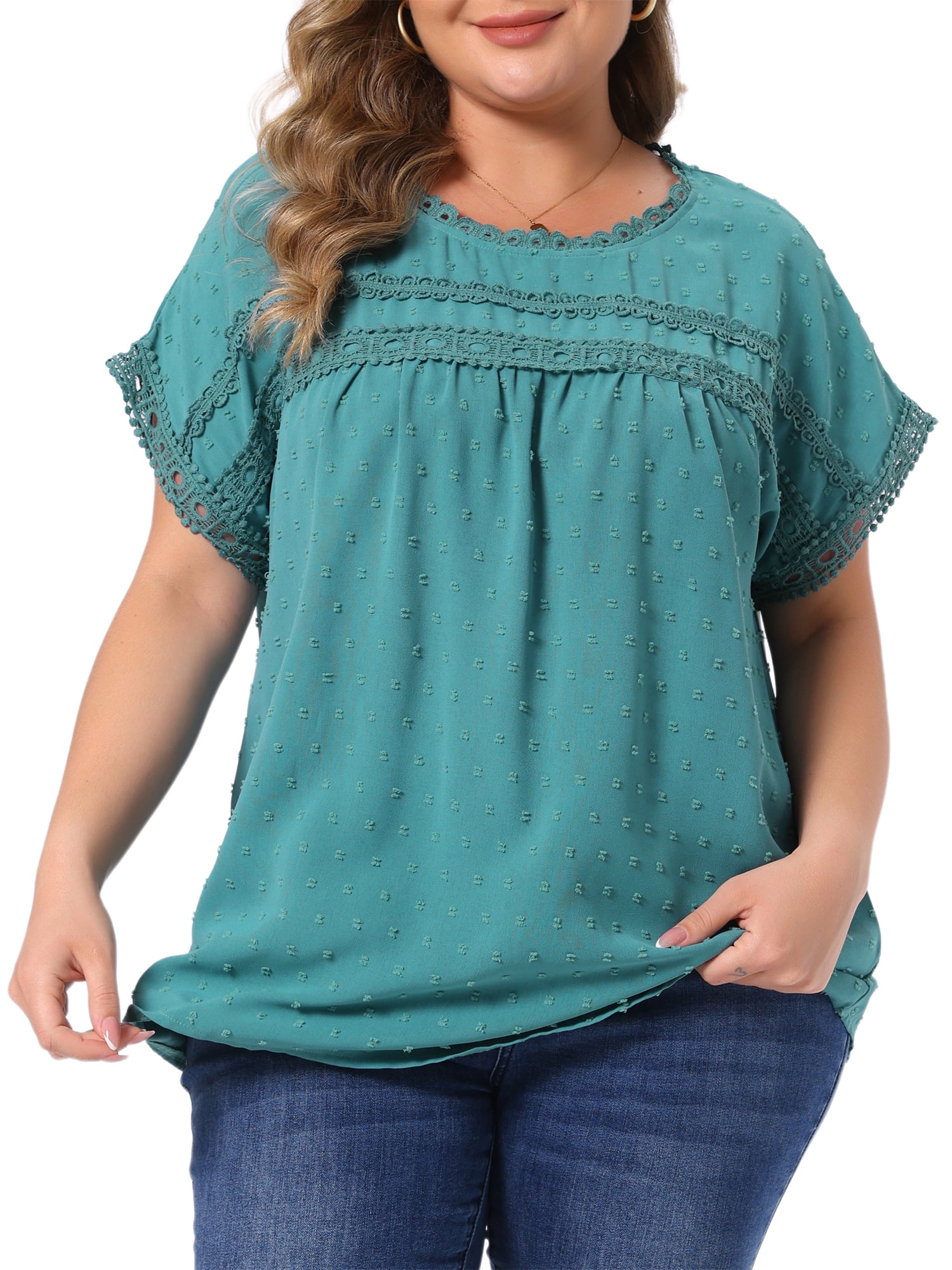 DARING DIVA Women's Plus Tops with Swiss Dots Crew Neck  Casual Blouses 3X Lake Blue