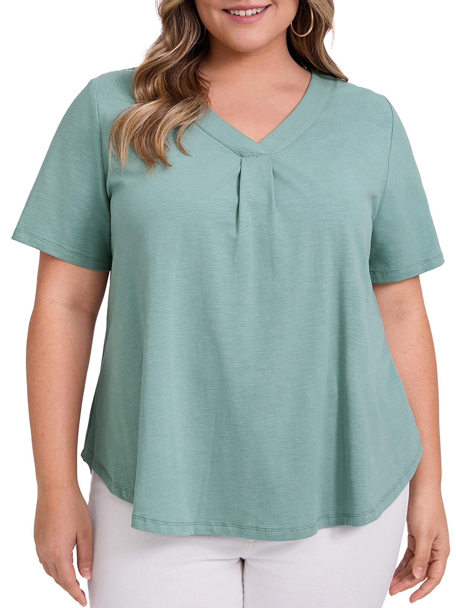DARING DIVA Women's Plus Casual Trendy Pleated Shirt Dressy Work Blouse 2X Green