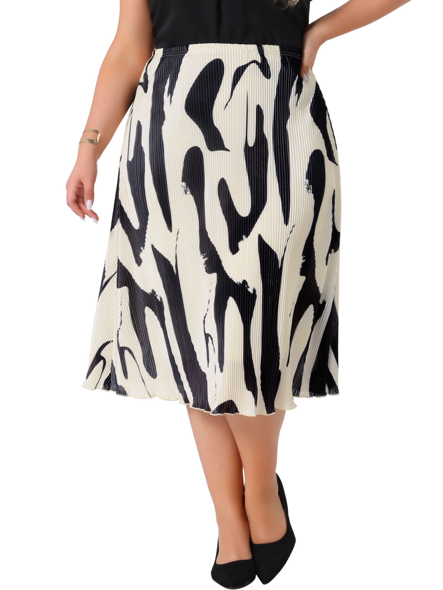 DARING DIVA Women's Plus Trendy Summer Print Pleated High Waisted Midi Skirt 1X Black
