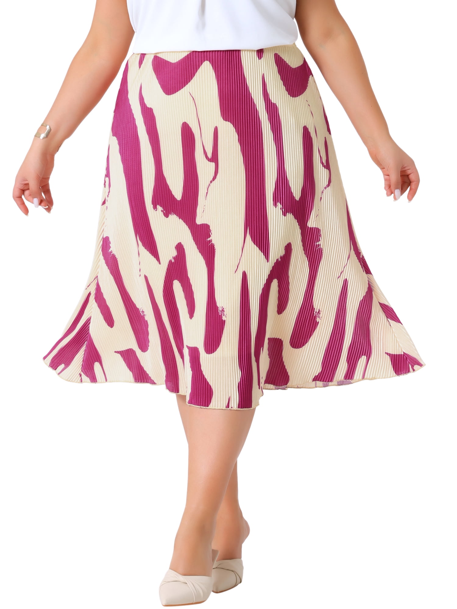 DARING DIVA Women's Plus Trendy Summer Print Pleated High Waisted Midi Skirt 3X Hot Pink