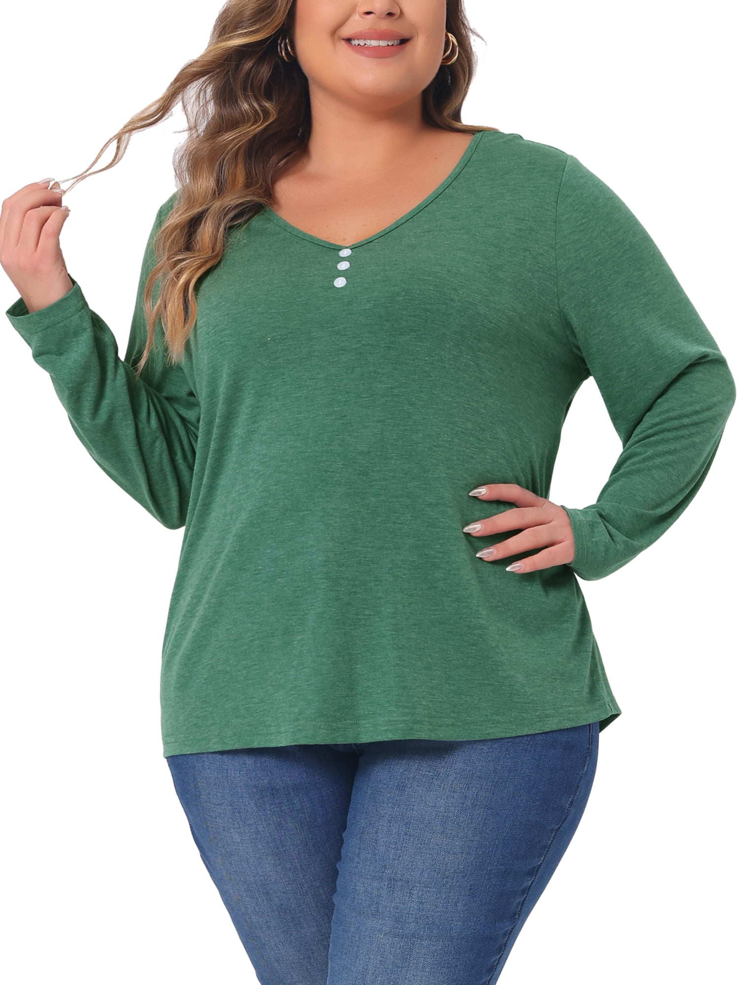 DARING DIVA Women's Plus Tshirt Casual Tops Button Front Long Sleeve Tee Top 1X Green