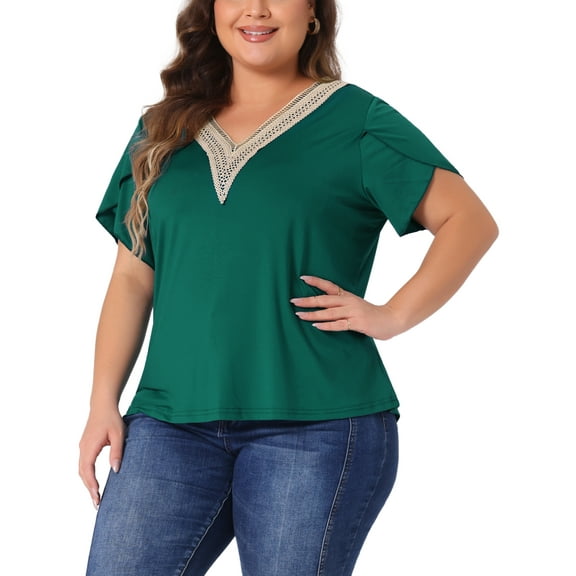 DARING DIVA Women's Plus Tulip Sleeve Lace V Neck Casual Blouse 1X Dark Green