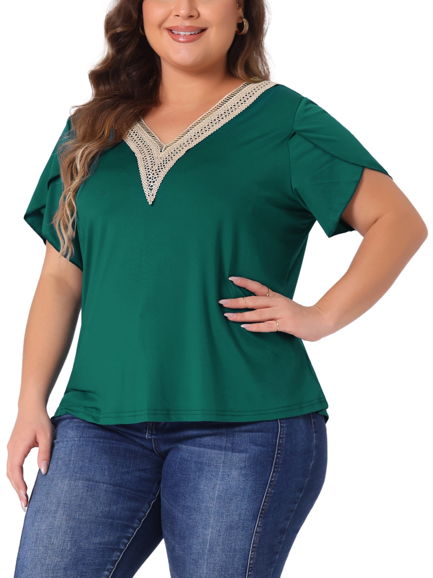DARING DIVA Women's Plus Tulip Sleeve Lace V Neck Casual Blouse 4X Dark Green