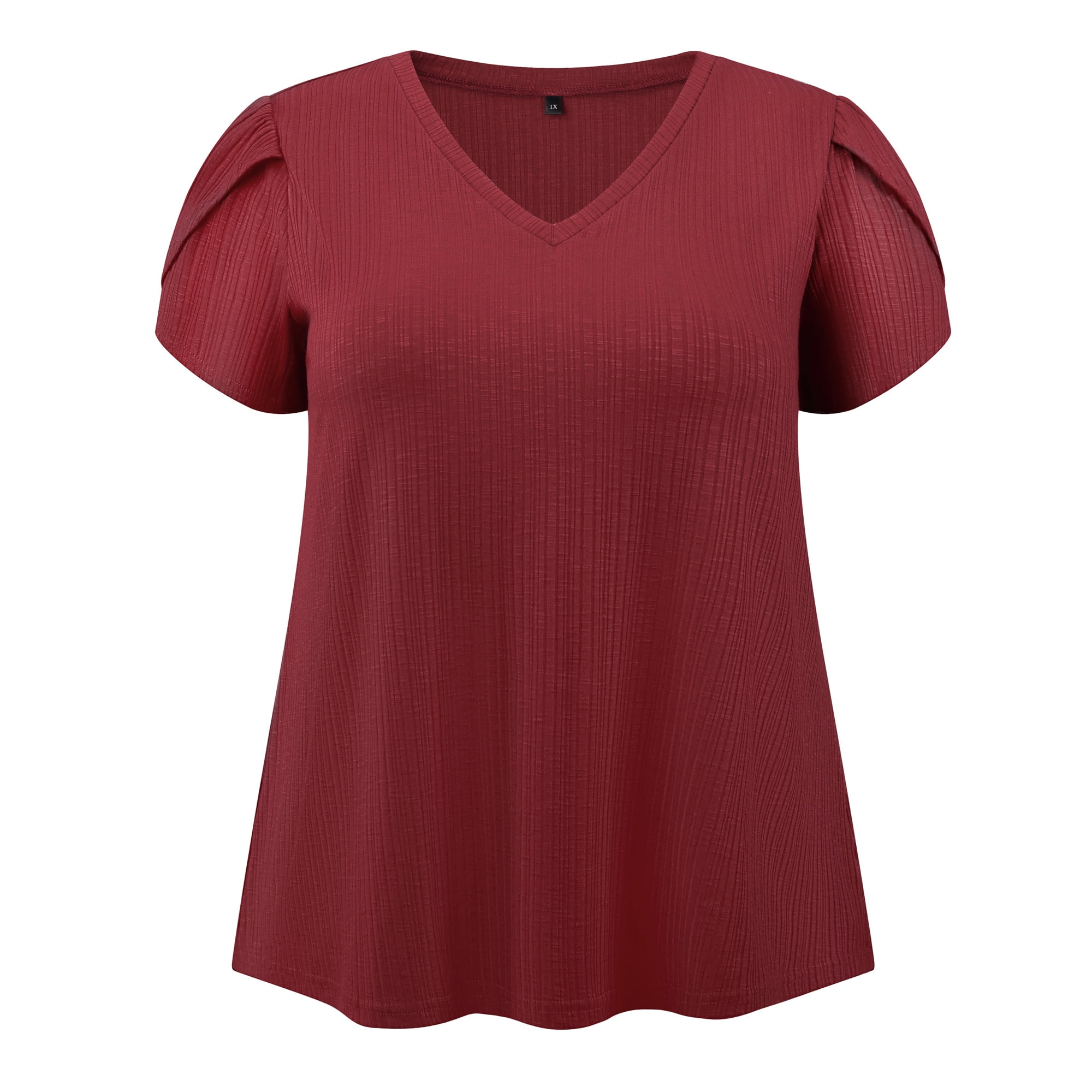 DARING DIVA Women's Plus Tulip Sleeve V Neck T Shirts Basic Blouses 4X Burgundy