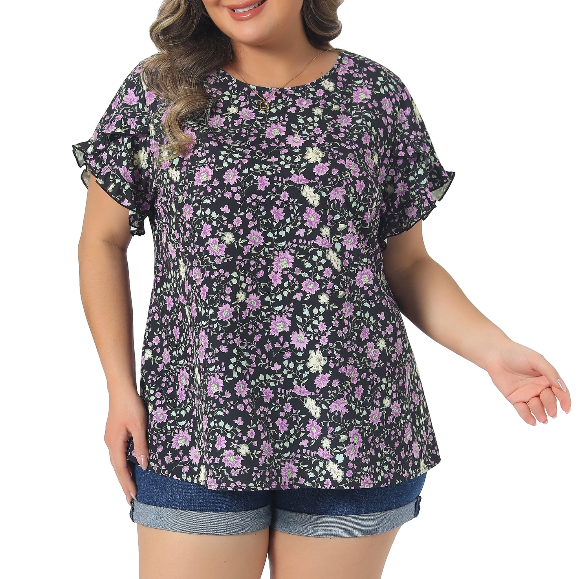 DARING DIVA Women's Plus Tulip Sleeves Crew Neck Floral Print Tops 2X Purple