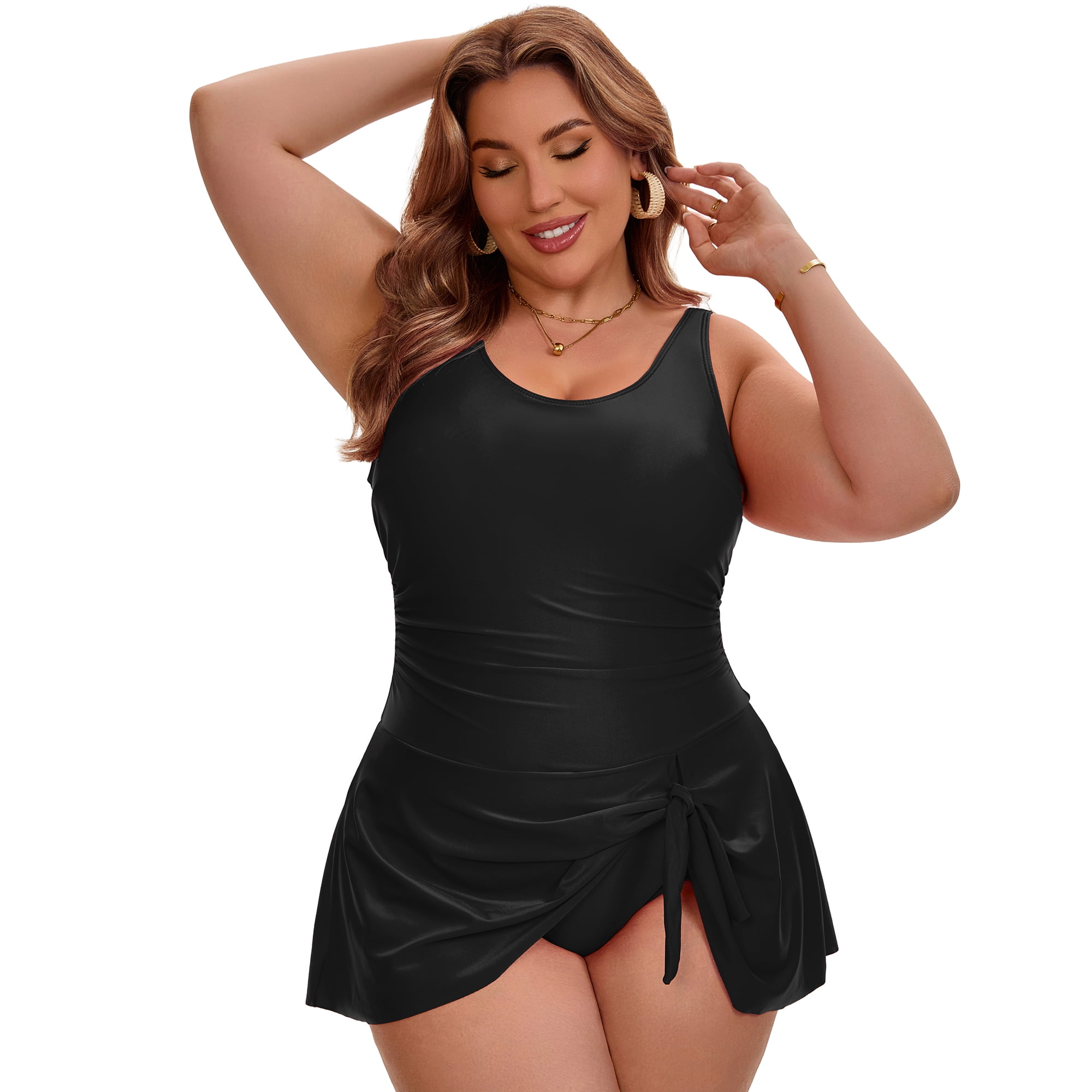 DARING DIVA Women's Plus Tummy Control Beach Vacation Swimdress 1X Black