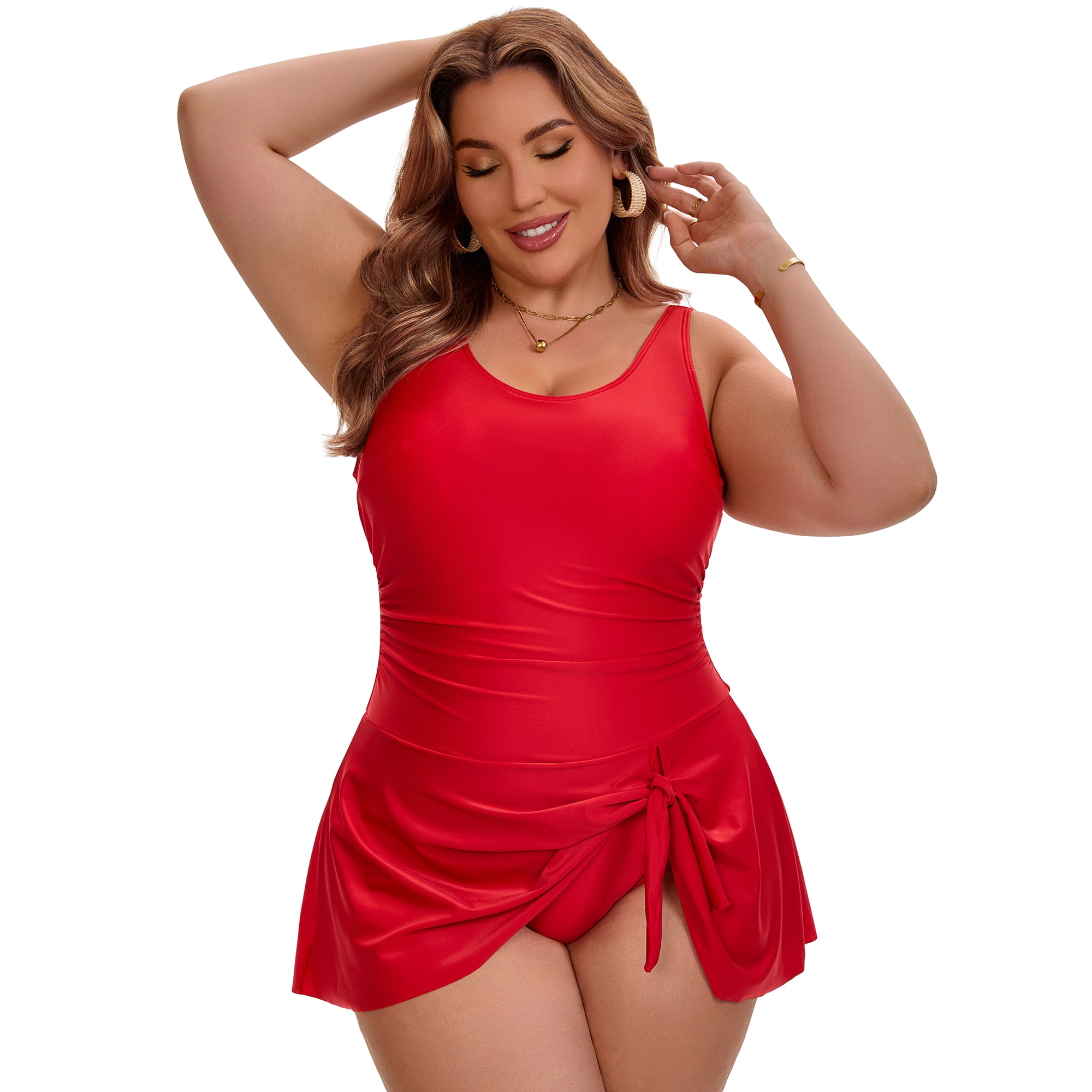 DARING DIVA Women's Plus Tummy Control Beach Vacation Swimdress L Red