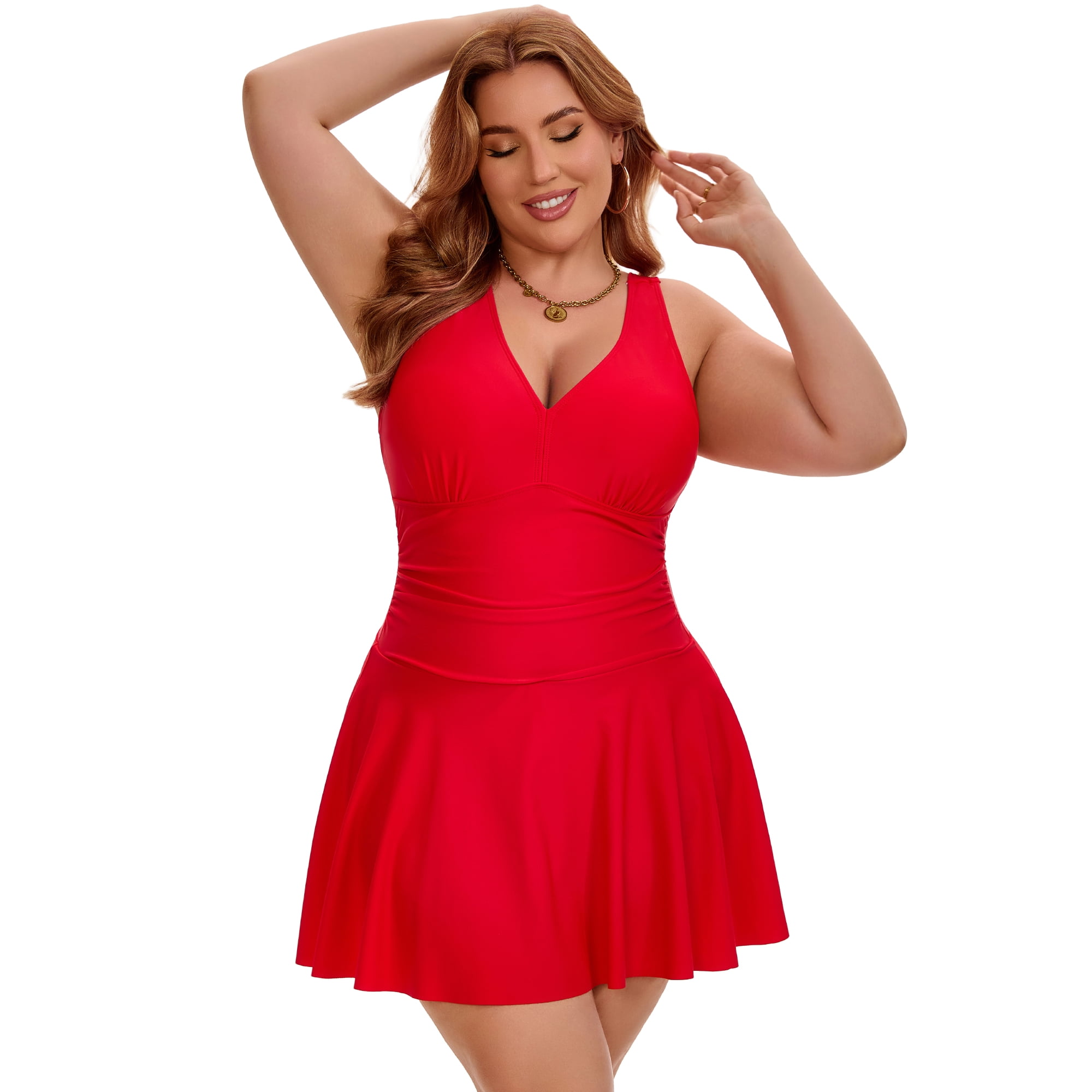 DARING DIVA Women's Plus Tummy Control Summer Beach Swimdress 3X Red