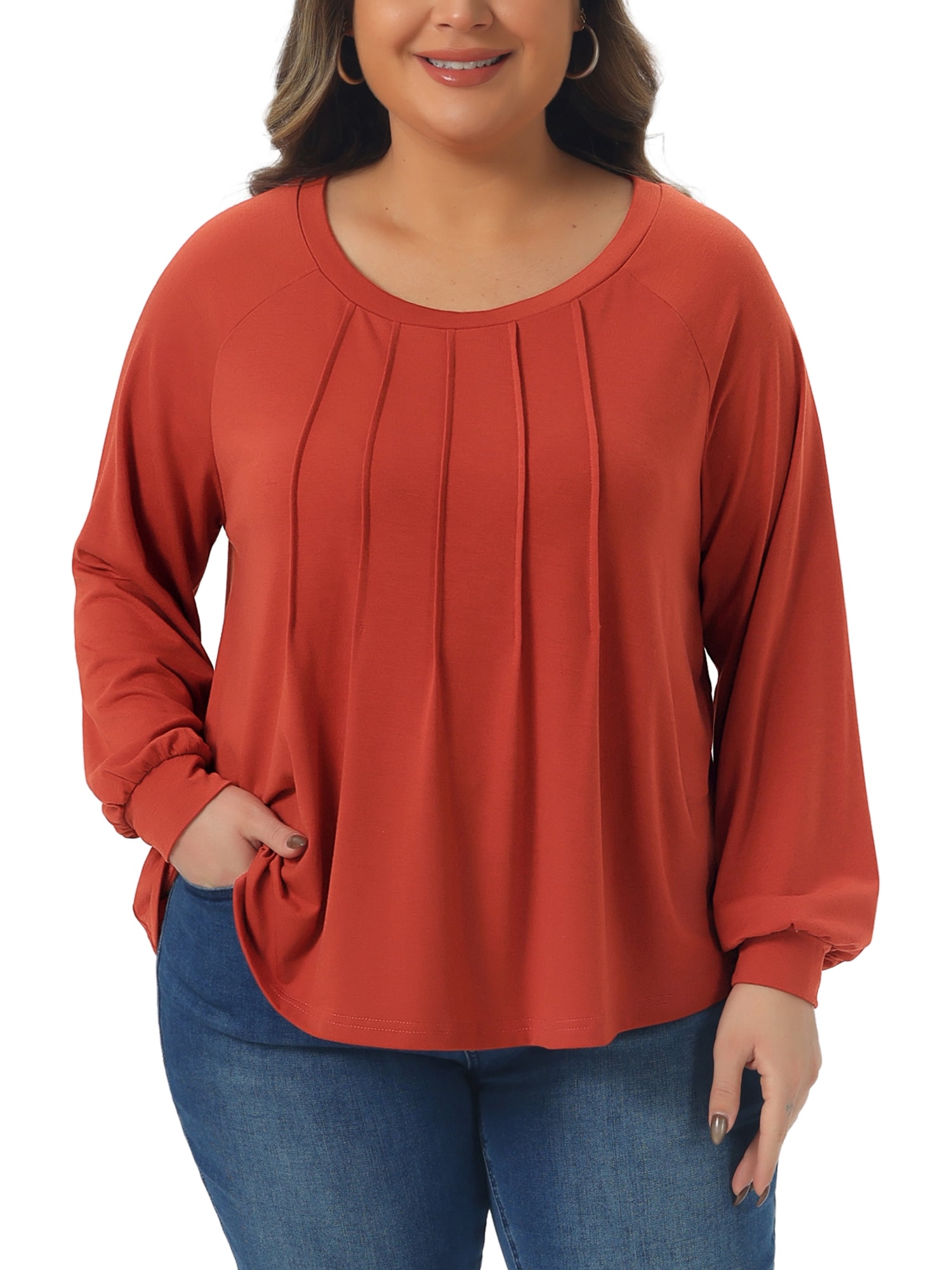 DARING DIVA Women's Plus Tunic Crew Neck Pleated Casual Blouse 2X Orange Red