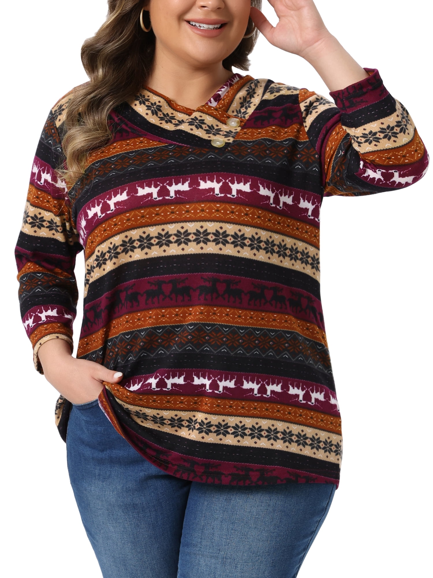 DARING DIVA Women's Plus Tunic Top V Neck Stripe Boho Knit Blouse 1X Burgundy Brown