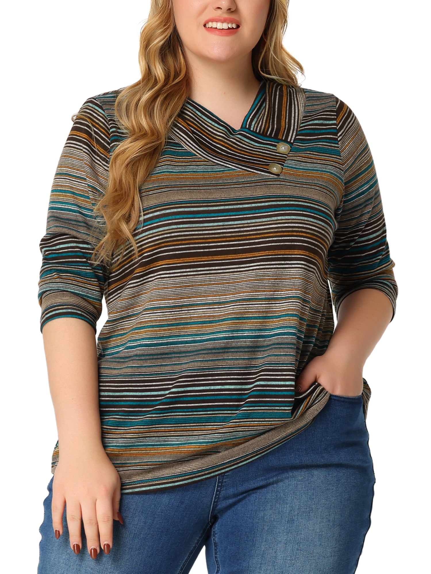 DARING DIVA Women's Plus Tunic Top V Neck Stripe Boho Knit Blouse 5X Lake Blue
