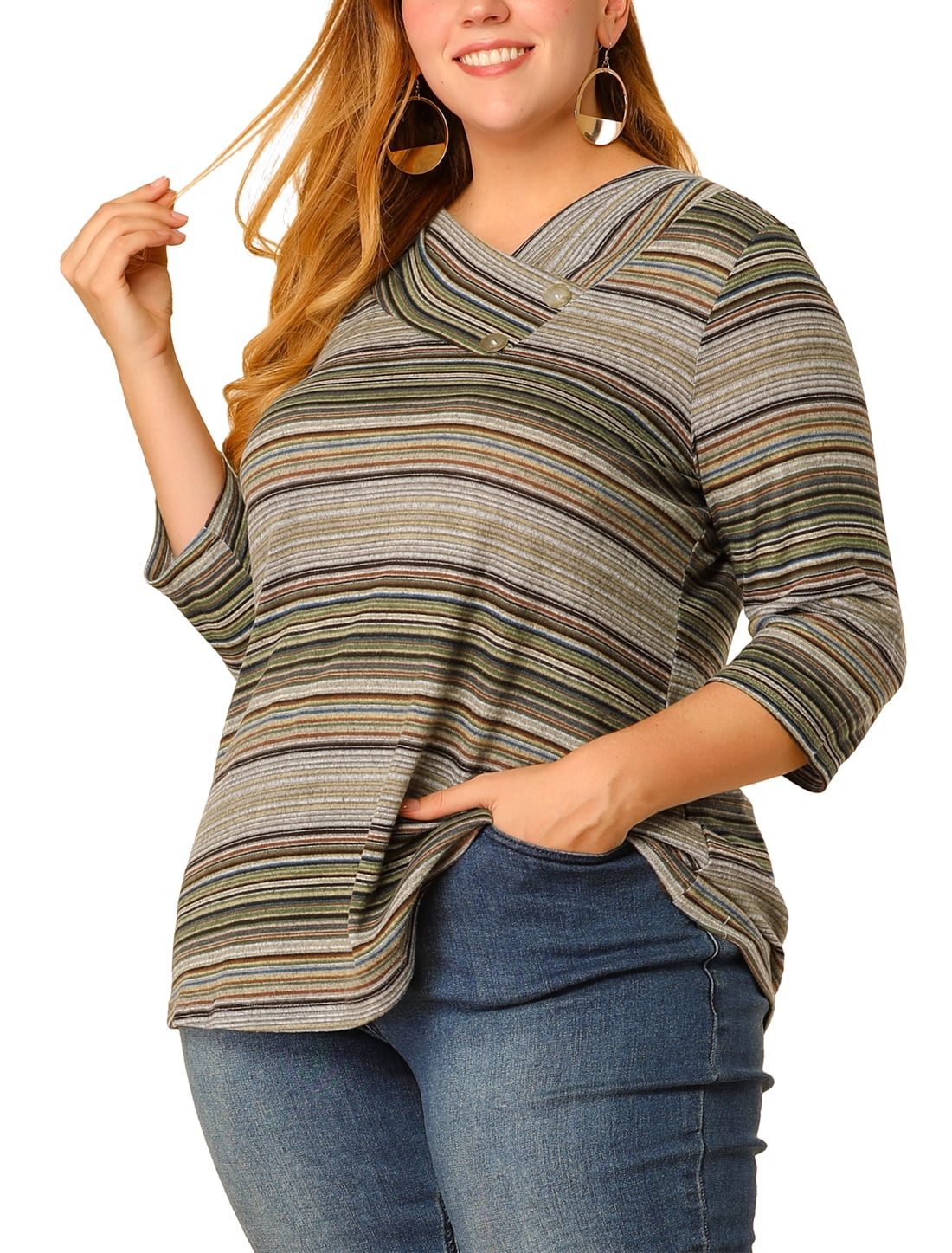 DARING DIVA Women's Plus Tunic Top V Neck Stripe Boho Knit Blouse L Green