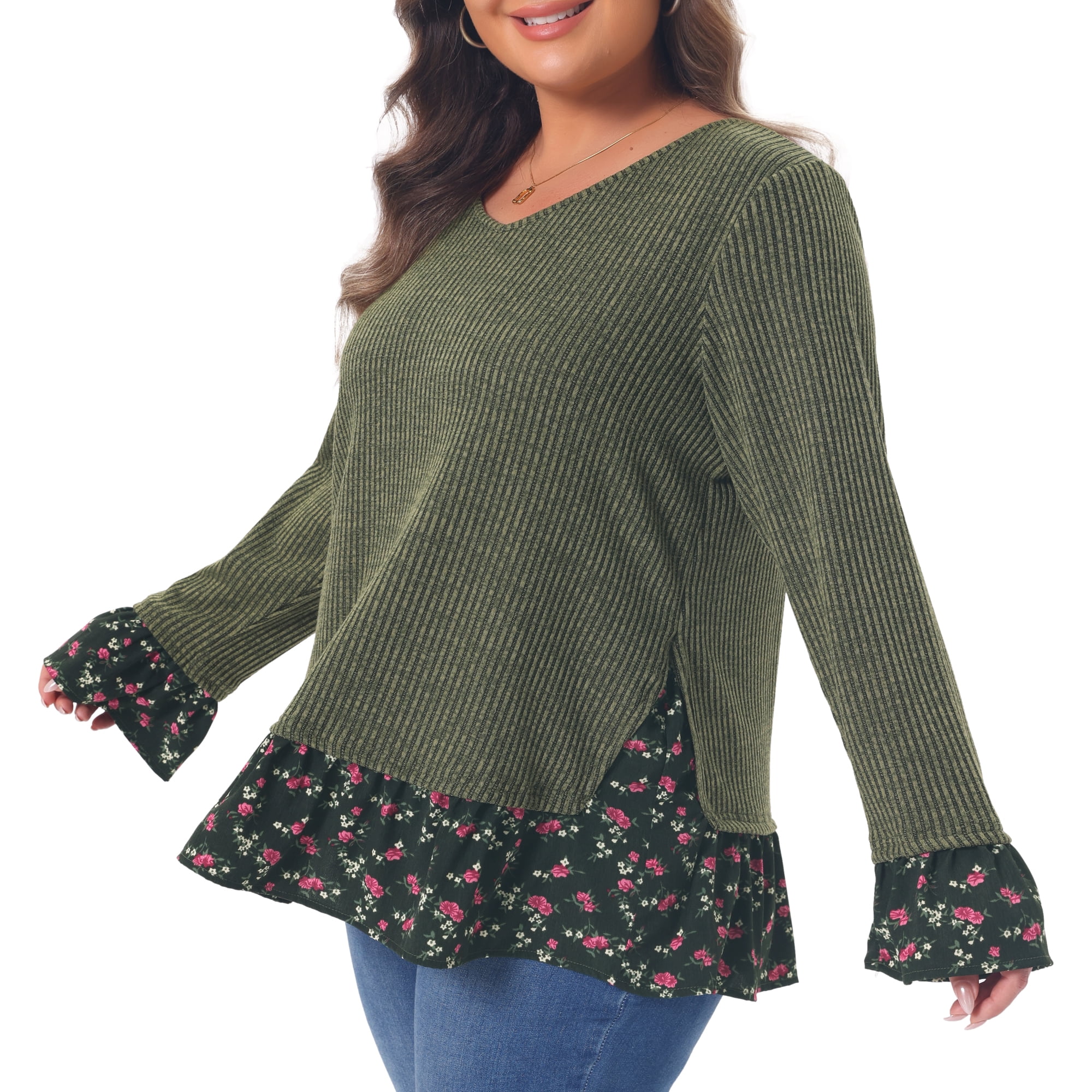 DARING DIVA Women's Plus Tunic Tops V Neck Rib Knit Pullover 2X Army Green