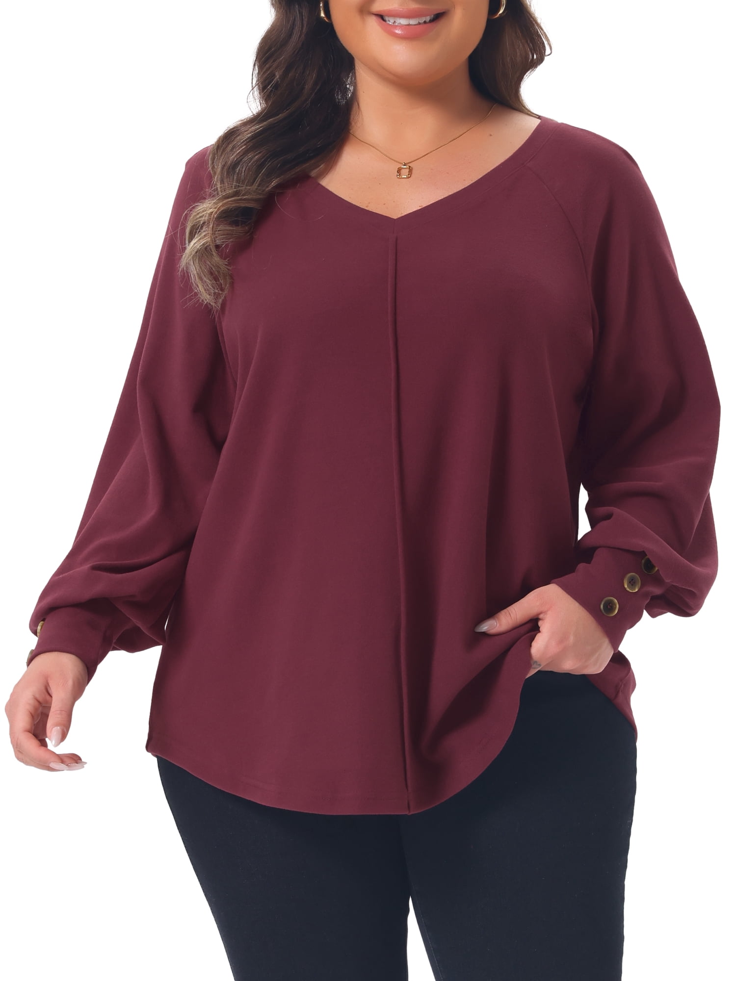 DARING DIVA Women's Plus Tunic V Neck Pleated Long Sleeve Tops 1X Red